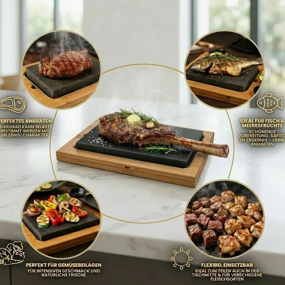 Set di mattoni lavici per bistecche, extra grande, in pietra calda, in pietra lavica e piastra in porcellana, carne, pesce grigliato su pietra calda (XXL)