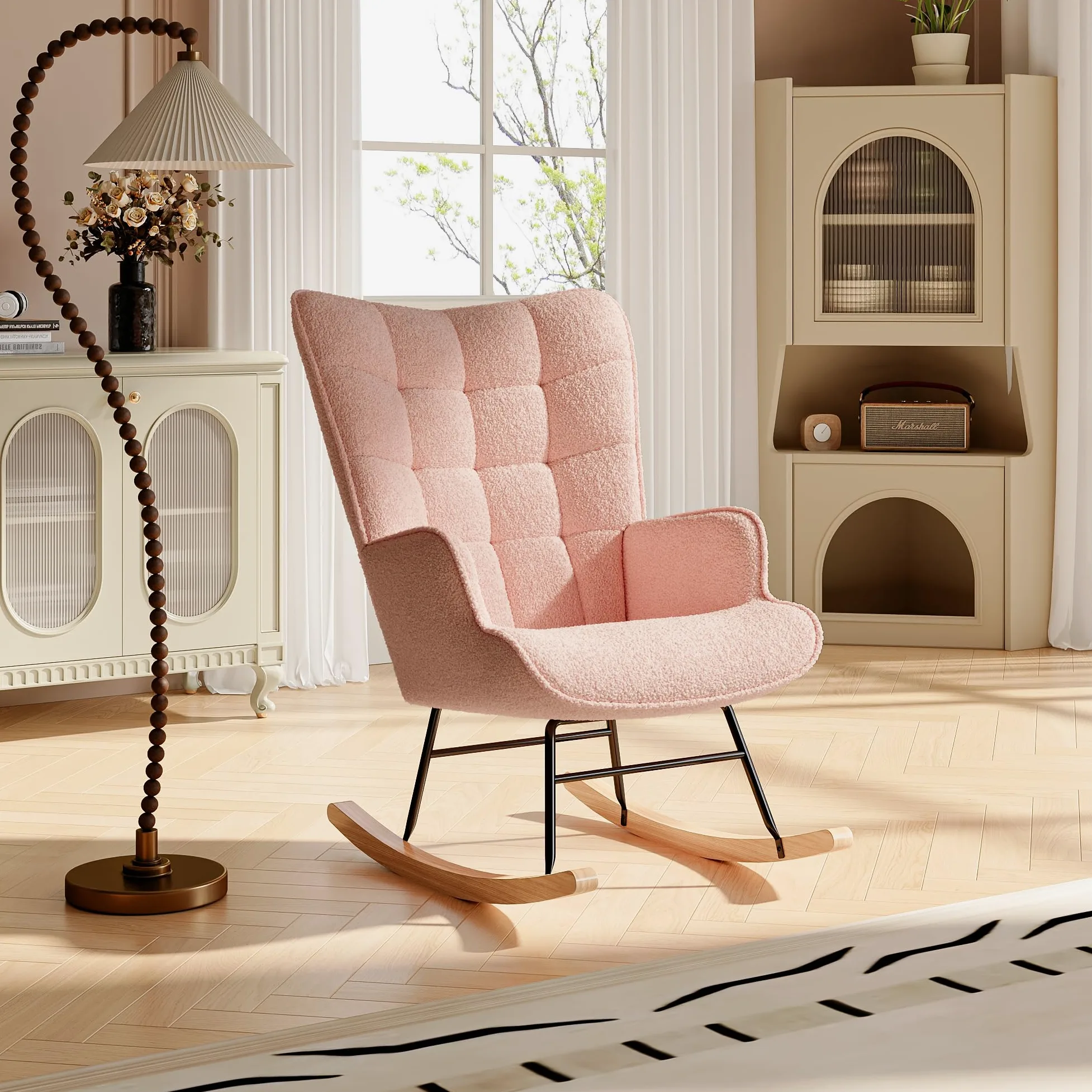 Sedia a dondolo Rosa, Rocking Chair, Sedia per l'allattamento, Sedia in velluto Teddy con gambe in legno massiccio, per soggiorno, camera da letto, balcone (rosa)