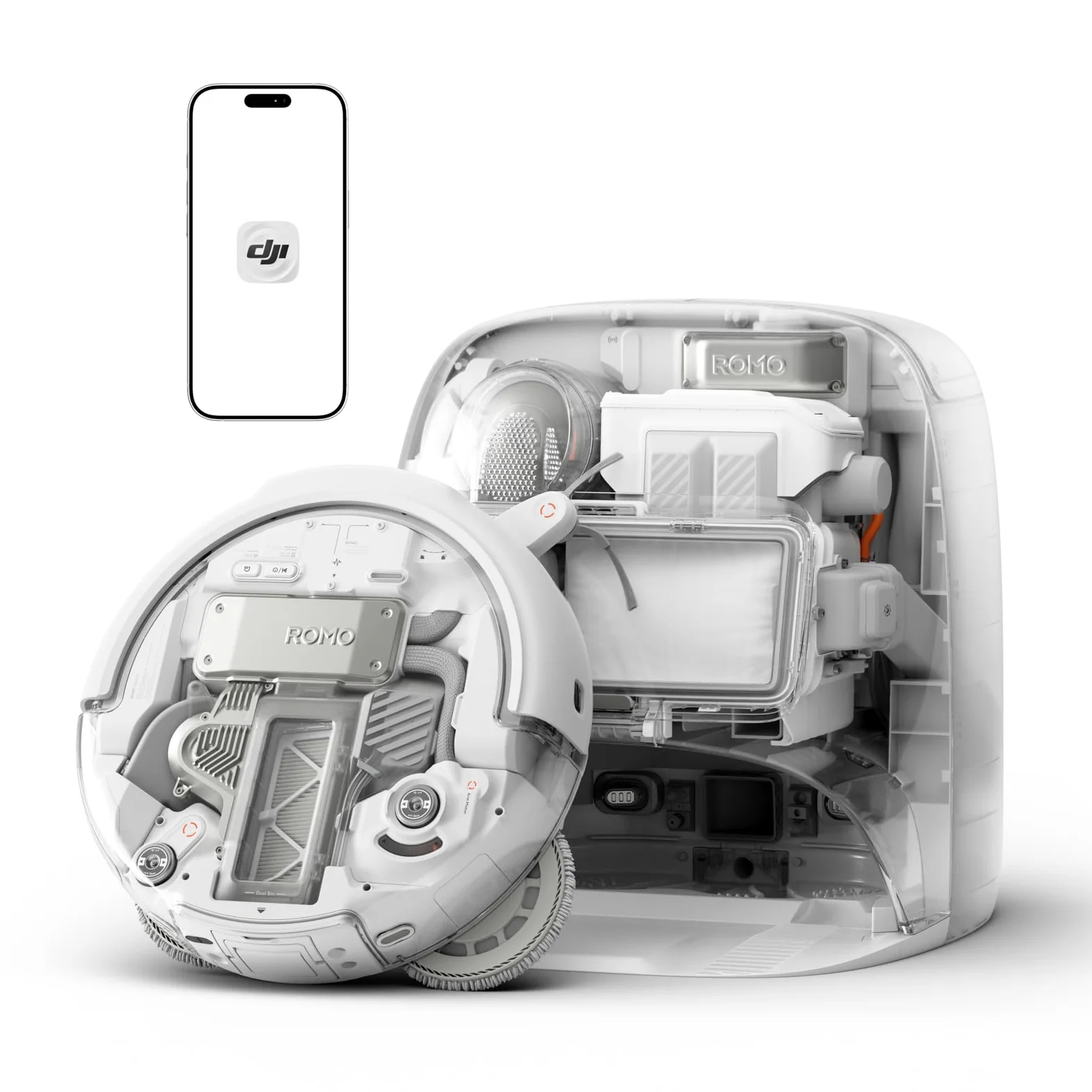 DJI ROMO P Robot Aspirapolvere Lavapavimenti con Mappatura, 25000 Pa, Rilevamento Ostacoli a Livello di Drone, Antigroviglio, Stazione Base Autopulente, 200 Giorni senza Manutenzione, Trasparente