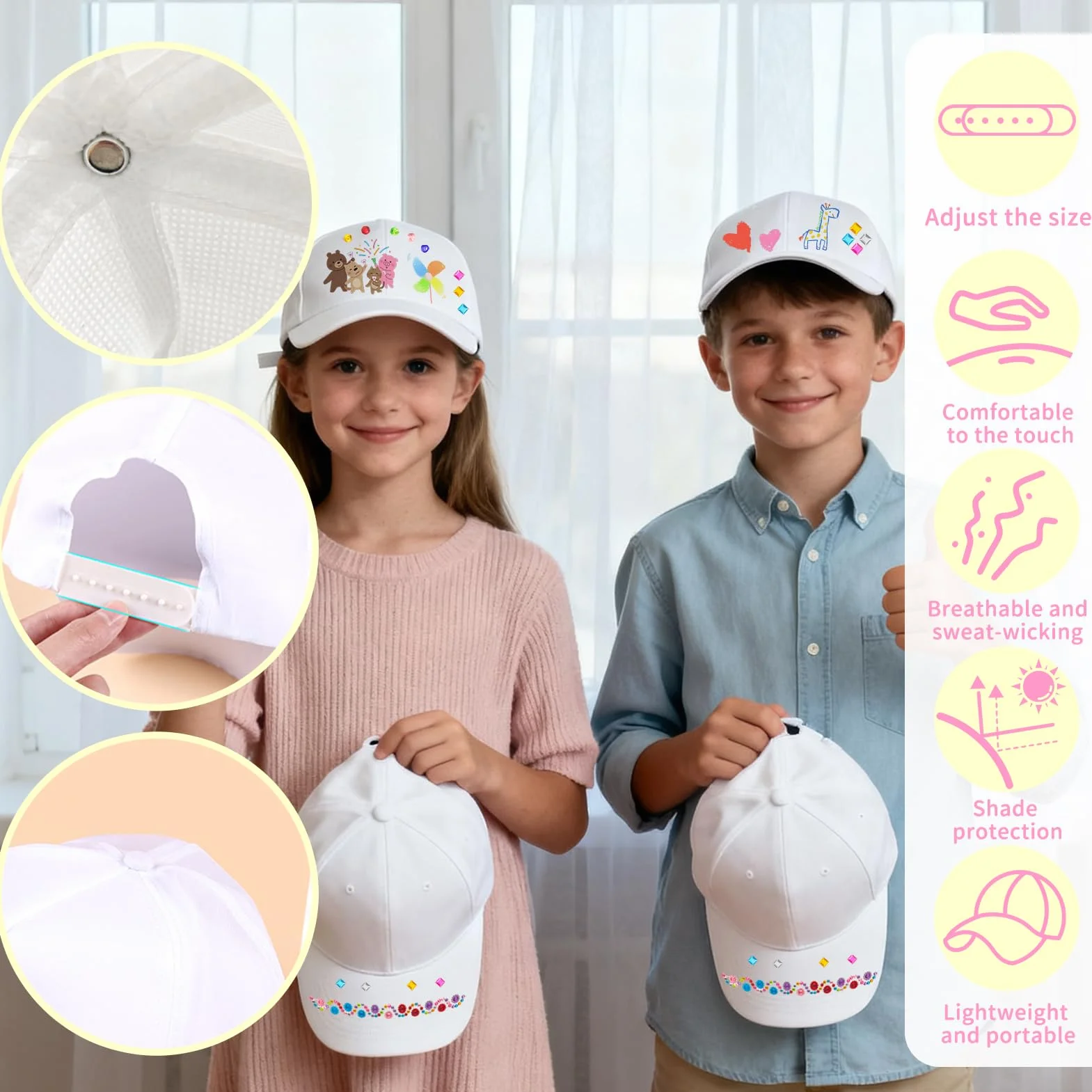 Cappellini da Baseball per Bambini, Berretto Graffiti Fai da Te Bianco, Cappello con Visiera Regolabile 6 Pezzi
