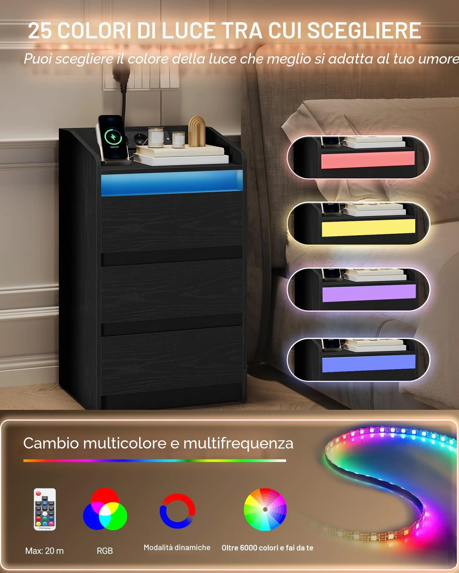 Hzuaneri Comodino Set di 2 con 3 Cassetti, Tavolino con Stazione di Ricarica LED, 2 Prese CA e 2 Porte USB per Camera da Letto, Soggiorno, Nero NS40104X