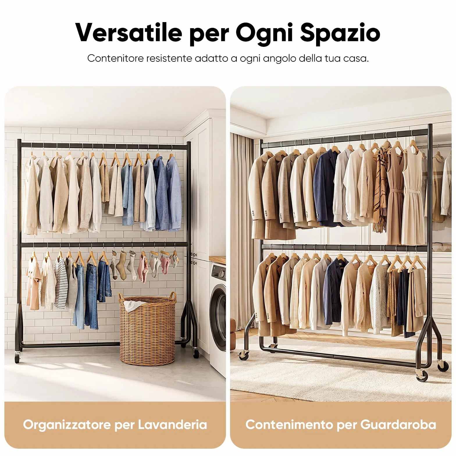 HOKEEPER Portavestiti Doppio Resistente a Carichi Pesanti con Grande Capacità, Organizzer di Armadio con Ruote per Boutiques, Camera da Letto, Lavanderia - 180cm