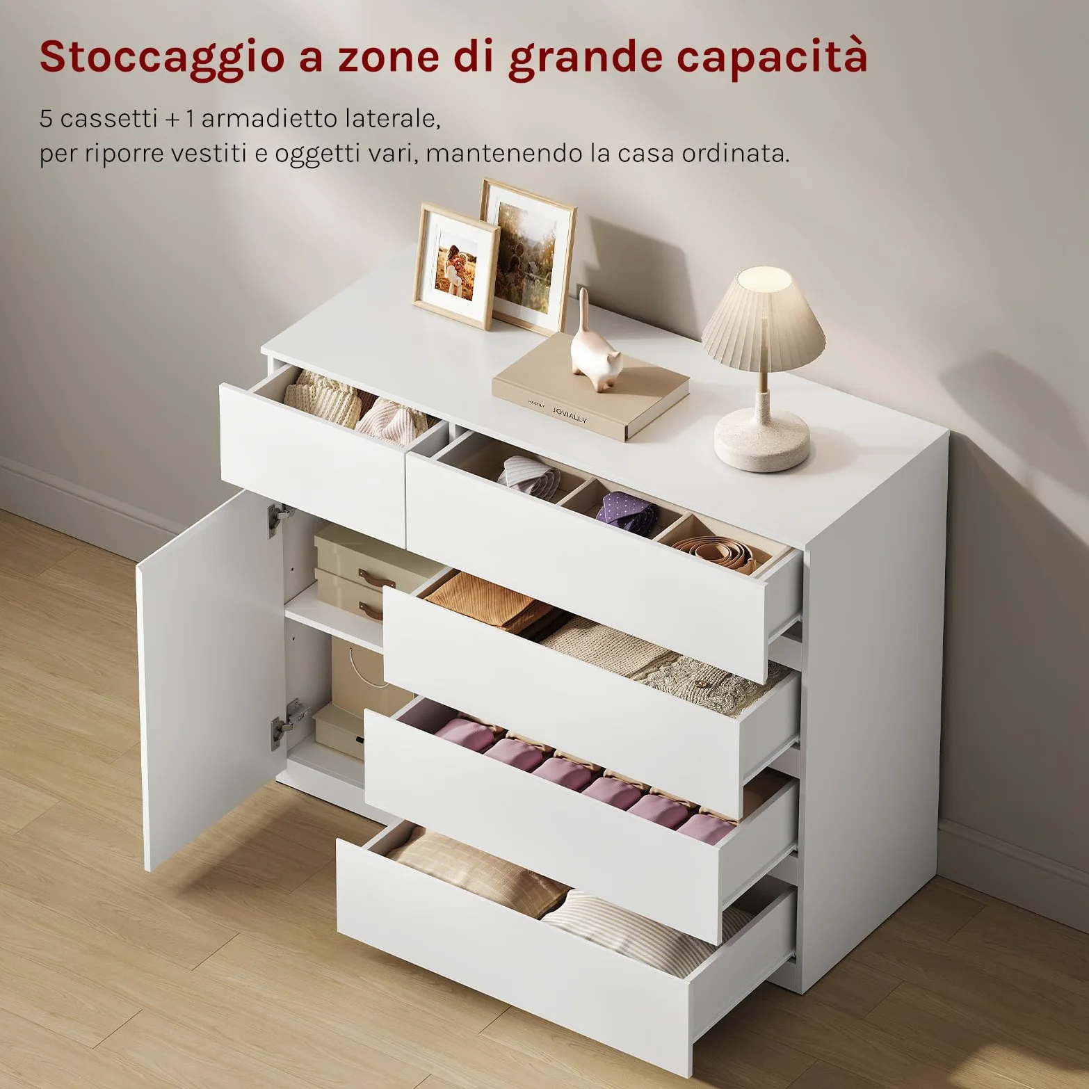 WOLTU Cassettiera Camera da Letto, Mobiletto Salvaspazio con 5 Cassetti e 1 Armadietto, Ripiano Regolabile, per Soggiorno, Ingresso, 100x40x80 cm, Bianco