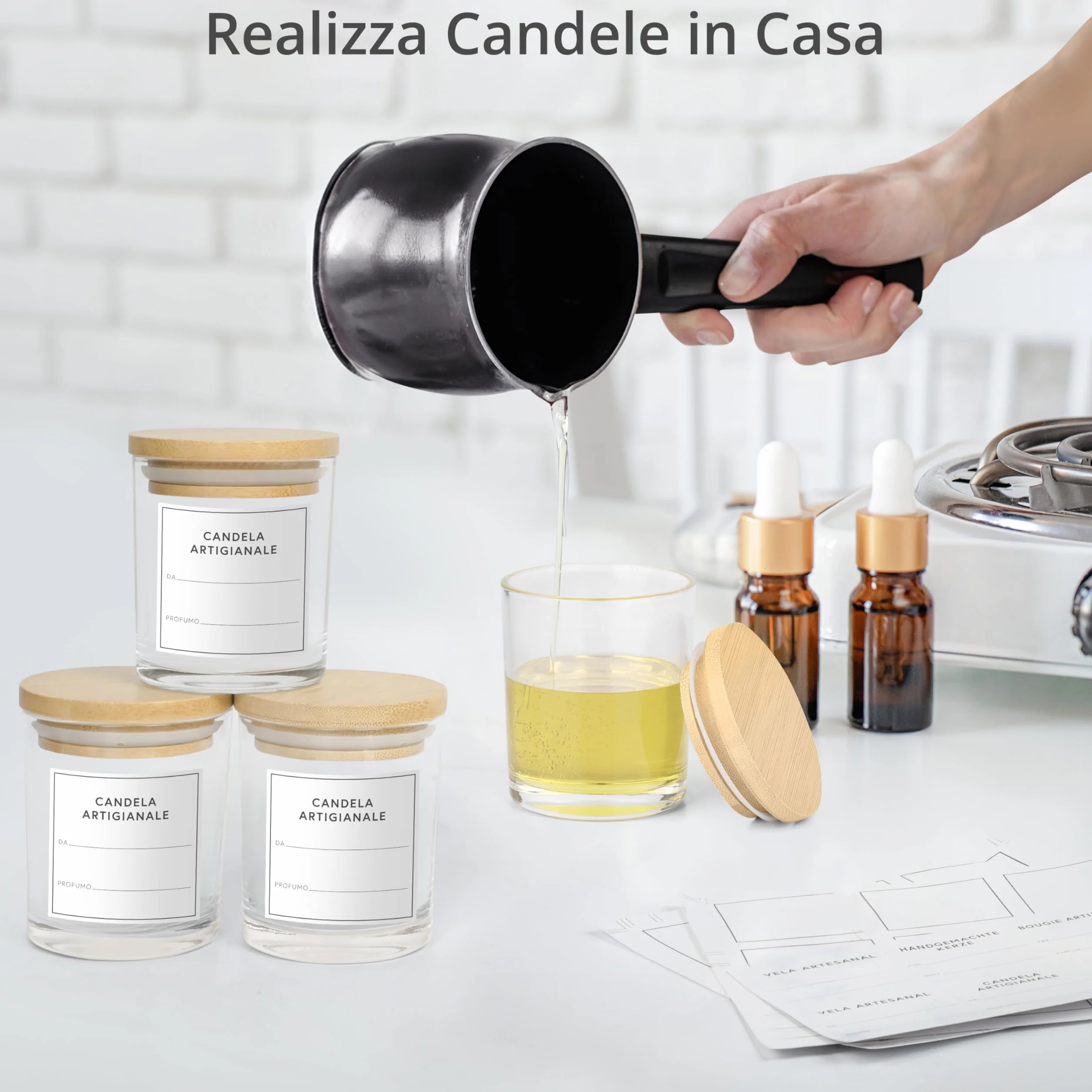Portacandele Vetro 170 ml con Coperchi [15 Pezzi] - Porta Candele Vuoti Trasparenti - Include Etichette Adesive