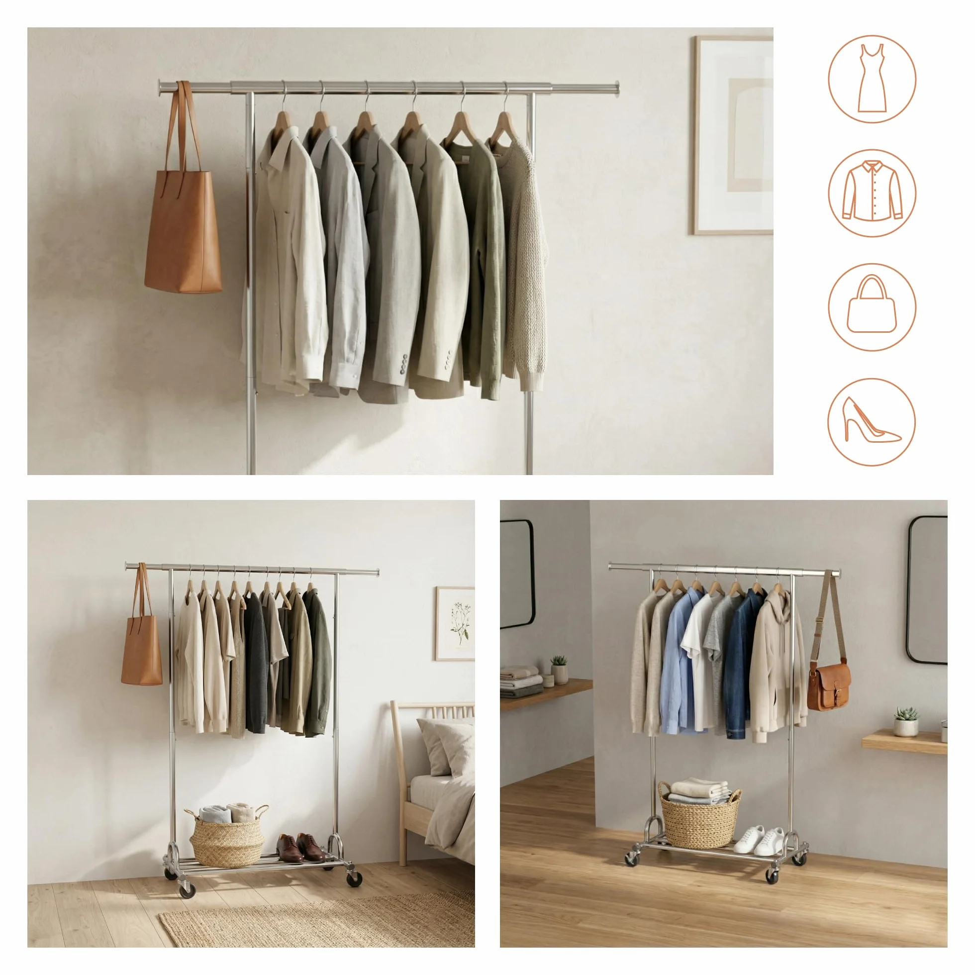 PORTENTUM Stand appendiabiti da terra robusto estensibile con ruote e freni – Fino a 180 kg – Porta abiti in acciaio 45 x (92-132) x 161,5 cm – Ripiano inferiore