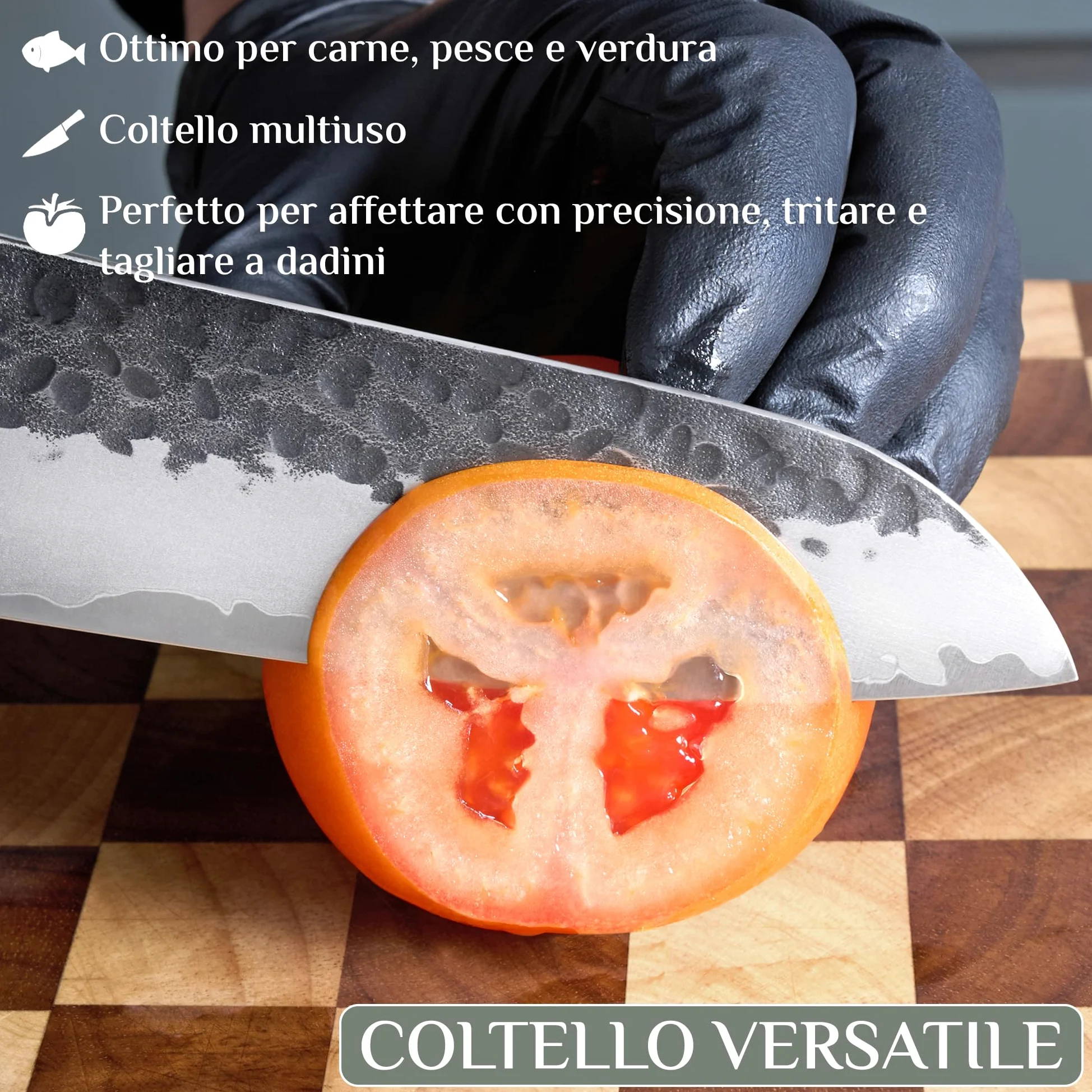 NIRO Coltello Professionale Giapponese Santoku in Acciaio Damascato, 67 Strati, Durezza 60 HRC, Manico Pregiato in Ebano e Sandalo, Bilanciamento perfetto, Resistente all’usura