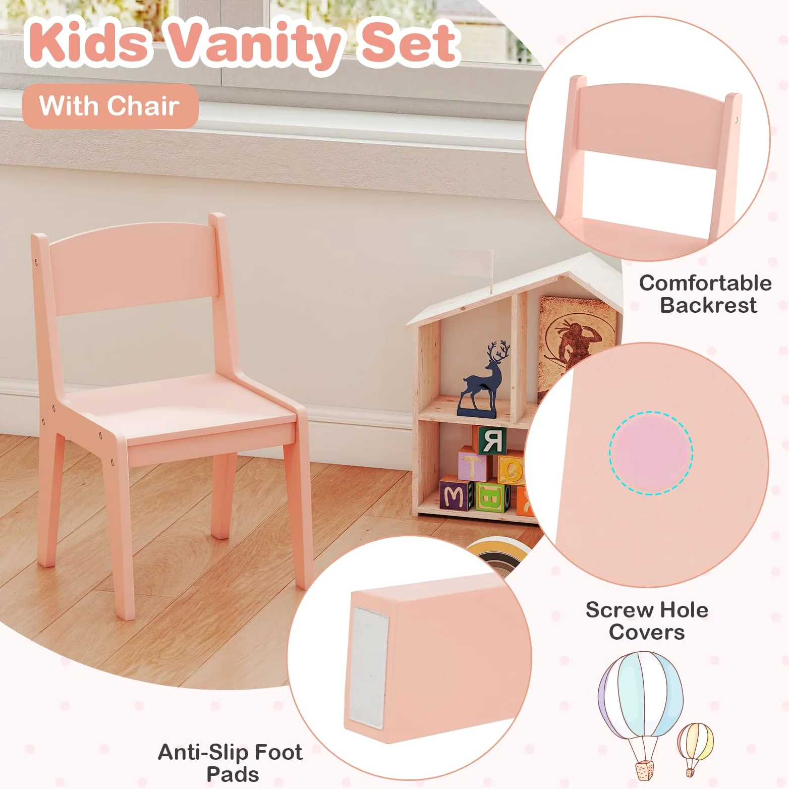 LIFEZEAL 2 in 1 Tavolo da trucco per bambini con sedia, tavolo da trucco ragazza con specchio LED e armadietto, tavolo da toeletta in legno con cassetto e scaffale, 3+ anni, carico di 50 kg (rosa