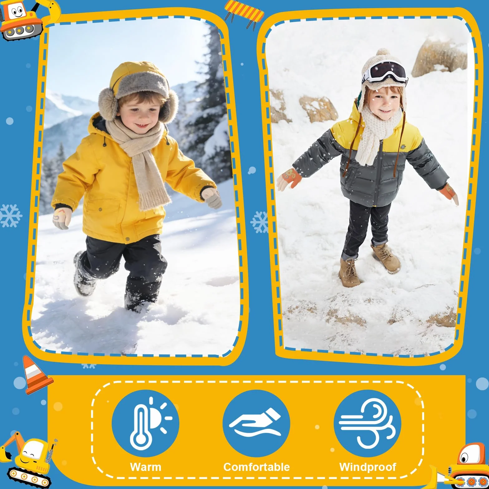 QKURT Guanti magici per bambini motivo a escavatore 3 paia guanti invernali termici elasticizzati dita intere 1-3 anni