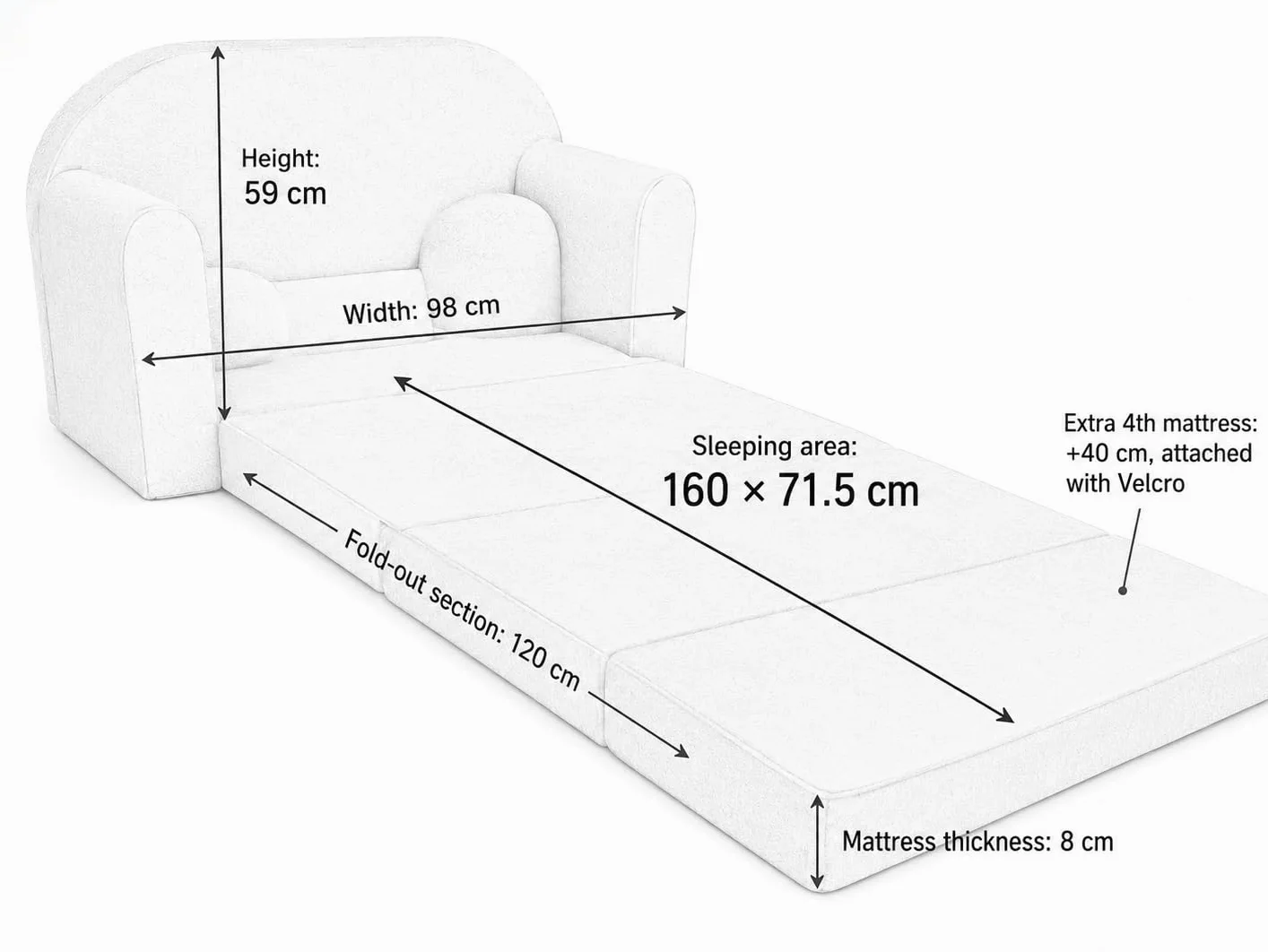 Divano letto pieghevole per bambini con funzione letto Perfetto per giocare e dormire - Con materasso, cuscino e pouf sfoderabili - 98x168x59 cm AX2 Grigio - Cime delle montagne