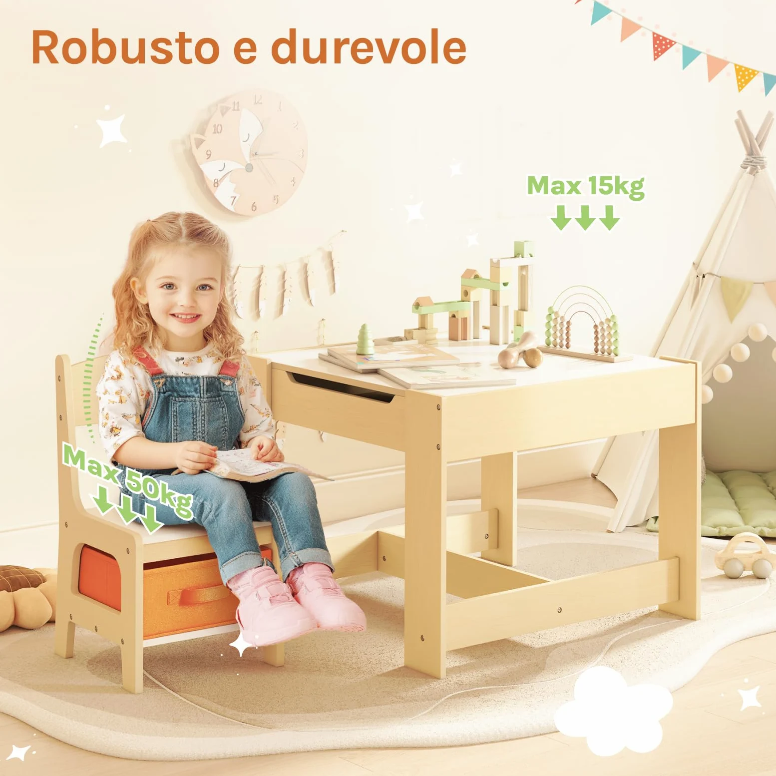 WOLTU Set Mobili con Lavagna Contenitore Tavolo e Sedie per Bambini Soggiorno Tavolino con 2 Sgabelli in Legno