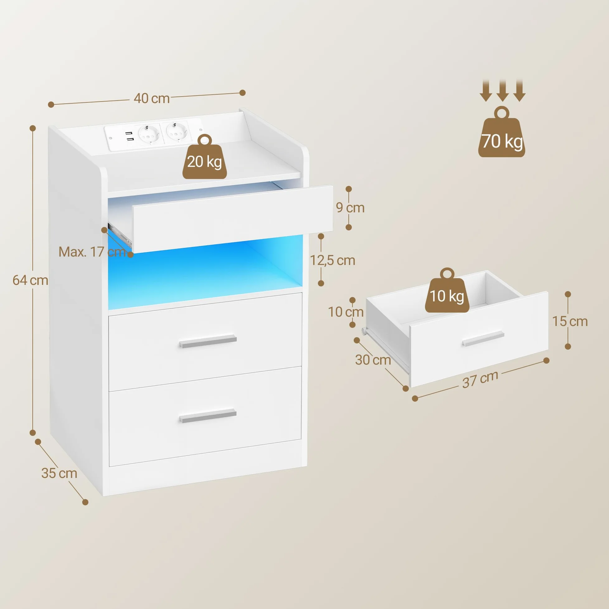 Hzuaneri Comodino Set di 2, Comodini Camera da Letto con Luce LED e Stazione di Ricarica, 2 Cassetti, Tavolino con vassoio, 35 x 40 x 60 cm, Soggiorno, Bianco NS33603XEU