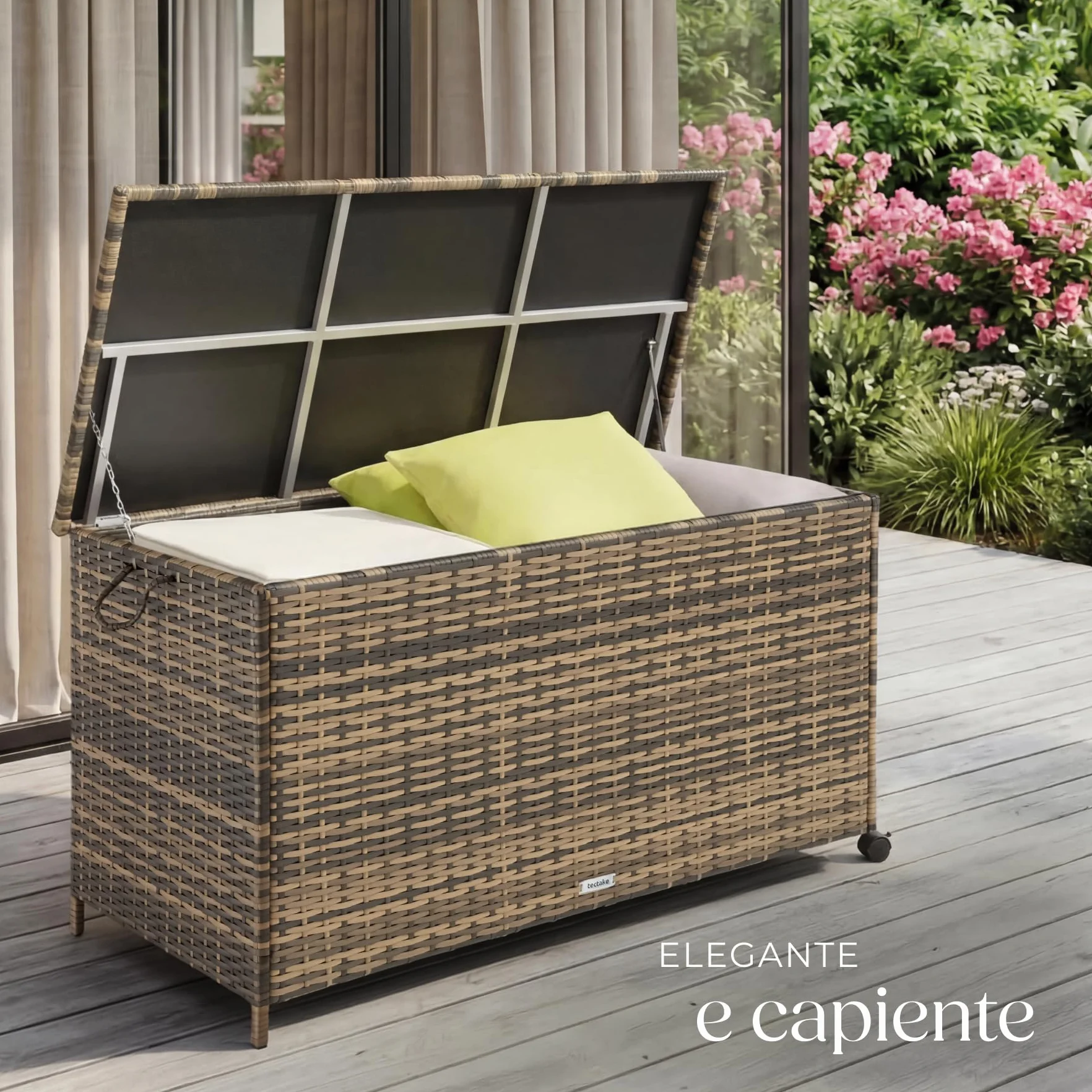 tectake Box Contenitore da Esterno 116x54x64 cm 253 L Polyrattan Alluminio Coperchio Rinforzato Rotelle Girevoli