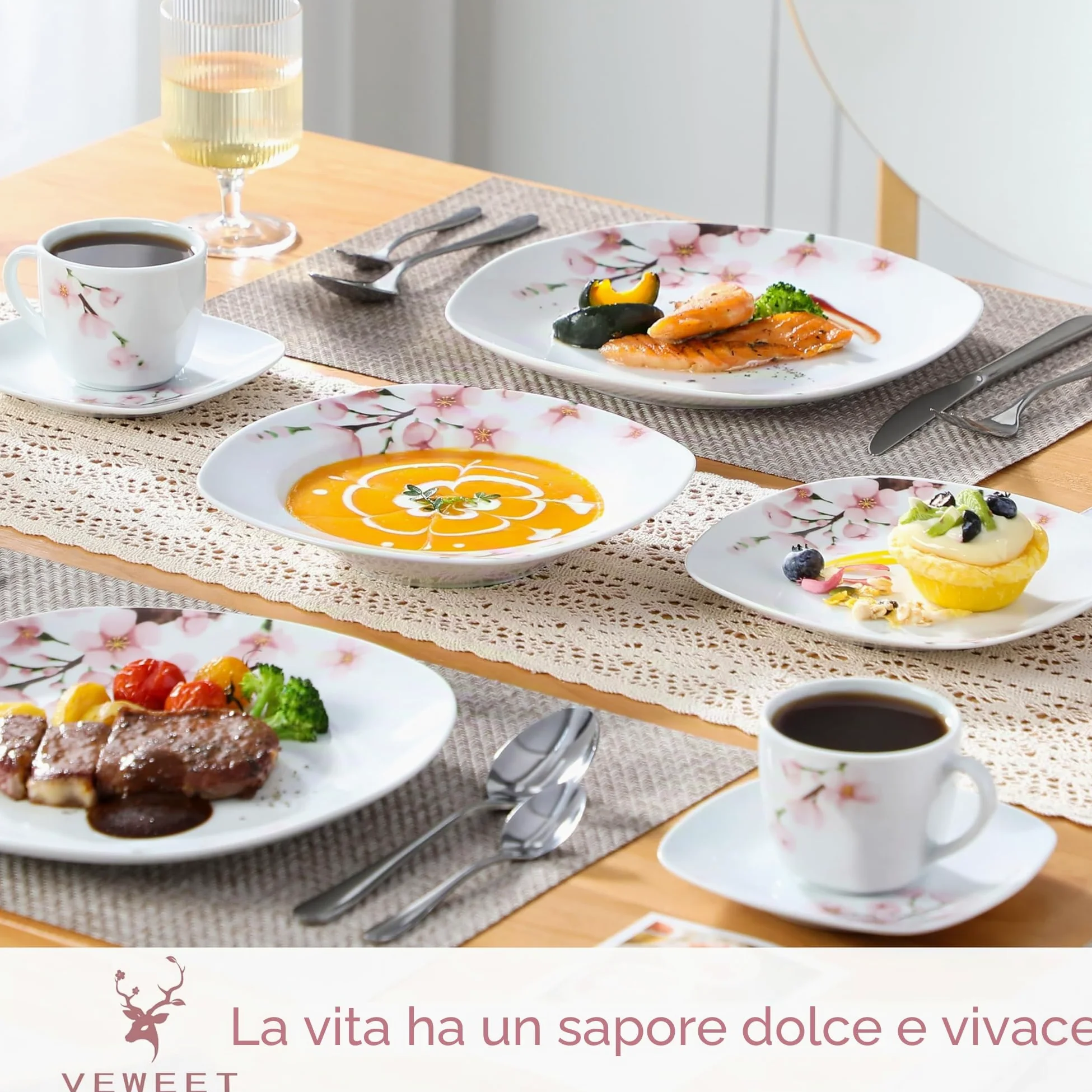 VEWEET Servizio da 30 pezzi in porcellana con tazzine da caffè 175 ml, piattino, piatto da dessert, piatto piano e piatto fondo, servizio completo per 6 persone