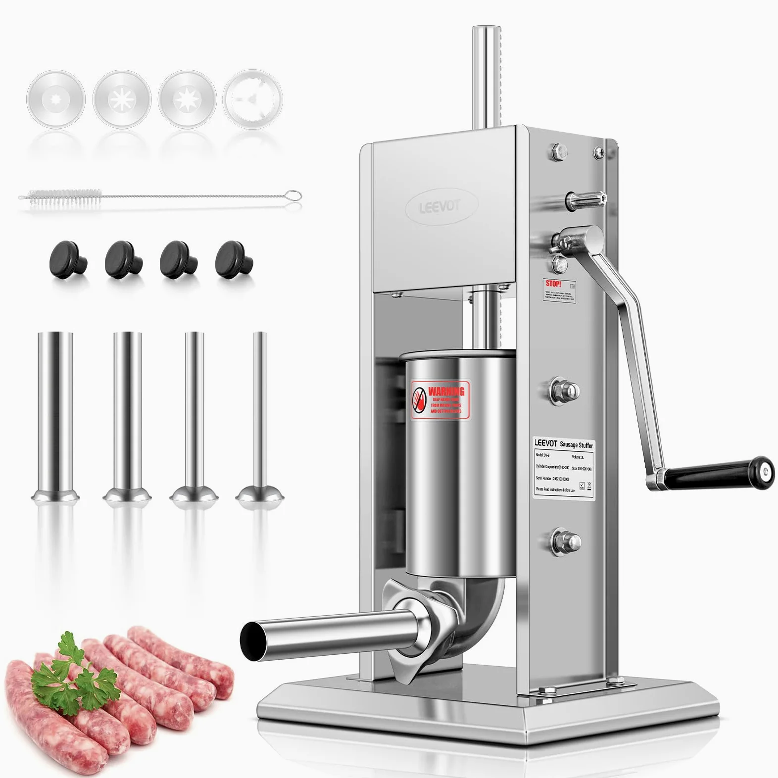 LEEVOT Insaccatrice per Salsicce 3L/7Lb, Acciaio Inossidabile 304, Macchina per Salsicce Regolabile a 2 Velocità, 4 Tubetti di Riempimento (Argento)