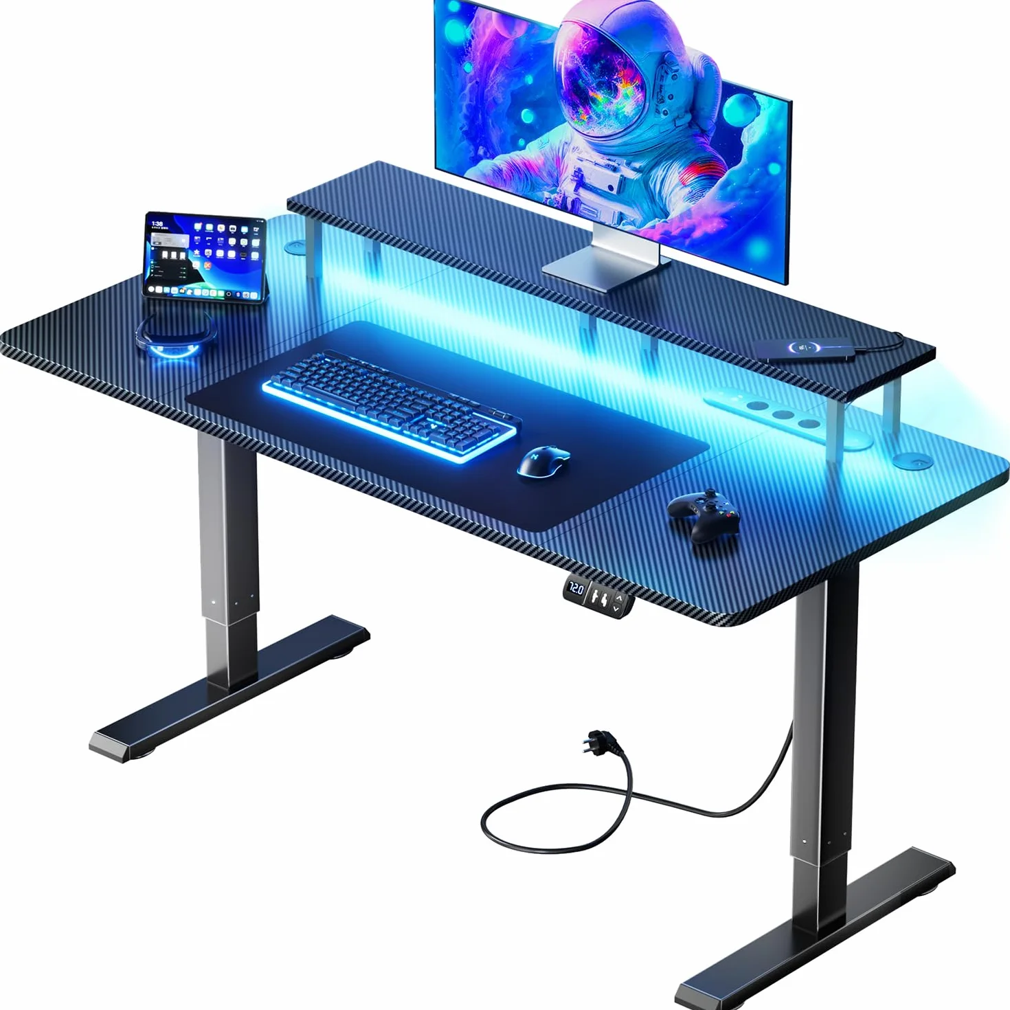HLFURNIEU Scrivania Gaming LED 140 x 60 cm, Scrivania Regolabile in Altezza con Prese & Porte USB, Tavolo Gaming con Supporto per Monitor, 2 Controlli Memoria, Postazione Gaming Nero