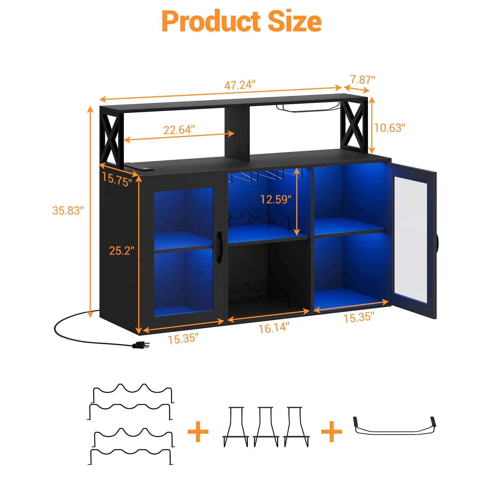 Garvee Mobile Bar Industriale 2-in-1 con Luci LED e Prese, Buffet con Portabottiglie, Portabicchieri, Ripiani Aperti, per Cucina, Sala da Pranzo, Soggiorno, Nero