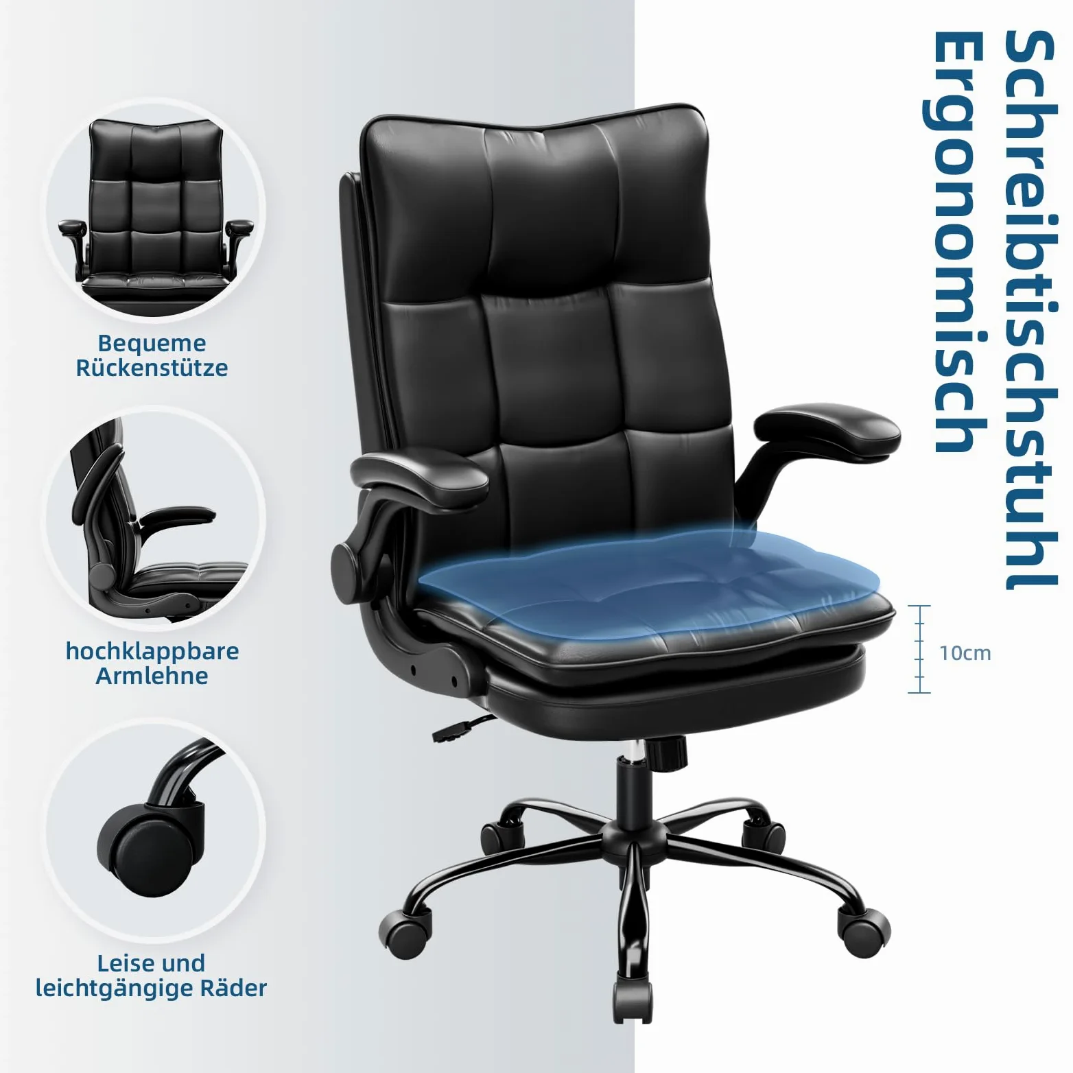 BAYGE Sedia Ufficio, Sedia Ergonomica per Computer con Braccioli Ripiegabili, Poltrona Direzionale con Sedile Largo, Altezza Regolabile, Comoda per Ufficio, Casa e Giochi, Portata fino a 150 kg, Nero