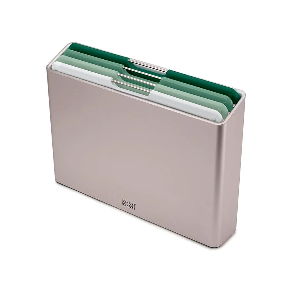 Joseph Joseph Folio - Set di 4 pezzi, Taglieri da cucina in plastica, con custodia porta taglieri- Grande, Argentato/Verde sfumato