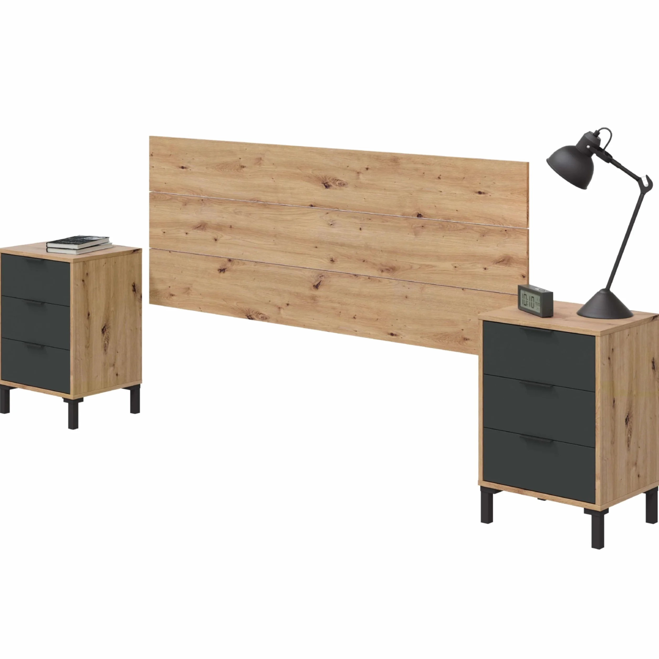 Testina + 2 comodini di notte, testiera per letto matrimoniale, modello Enzo, finitura in rovere Nodi e grigio antracite, Dimensioni: 160 cm (larghezza) x 60 cm (altezza) x 2,5 cm (profondità)