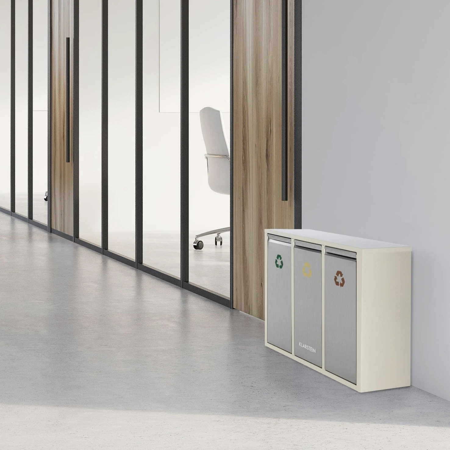 KLARSTEIN Ordnungshüter 3 - Pattumiera, Bidone Immondizia, Raccolta Differenziata, 3 Scomparti, 45 Litri (3 x 15 L), Chiusura Ermetica trattieni Odori, Acciaio Inox, Beige-Crema