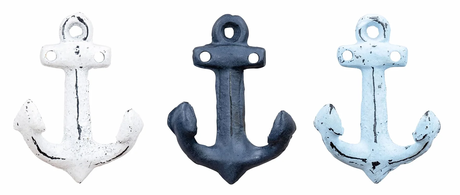 3 Ganci da Parete a Forma di Ancora Blu e Bianco in Metallo Decorazione Marittima Vintage