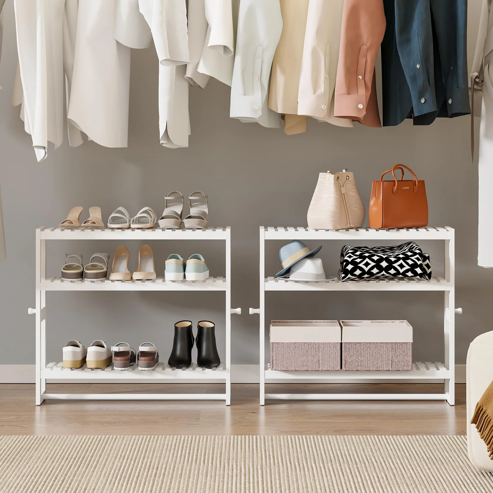 Mensola portaoggetti da bagno 50x53,2x15 cm 3 livelli regolabili bambù bianco con asta appendiabiti