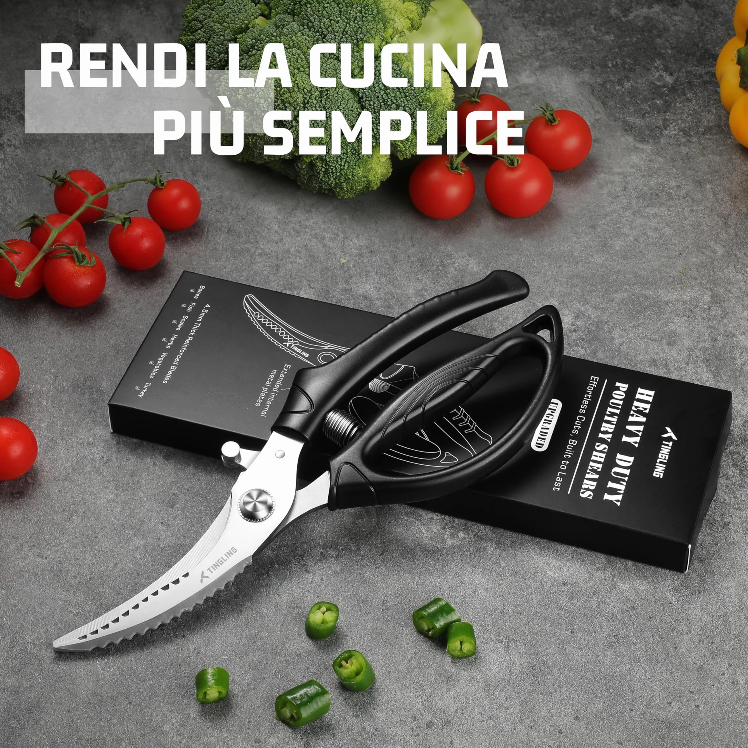 Forbici da Cucina Professionali: Trinciapollo Affilate Con Blocco di Sicurezza e Molla, Adatte per Pollo, Pesce, Carne, Ossa e Verdure