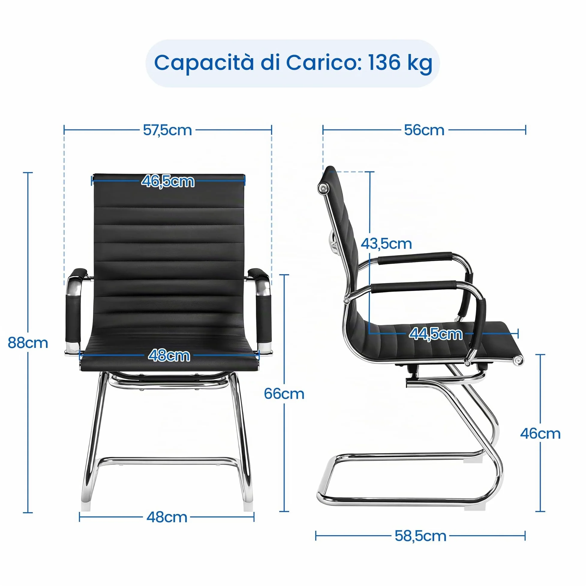 Set 2 Sedie da Pranzo a Sbalzo Imbottita Sedie Ufficio Ospiti | in Finta Pelle, Gambe in Metallo, per Sala da Pranzo, Soggiorno, Cucina, Reception, Nero