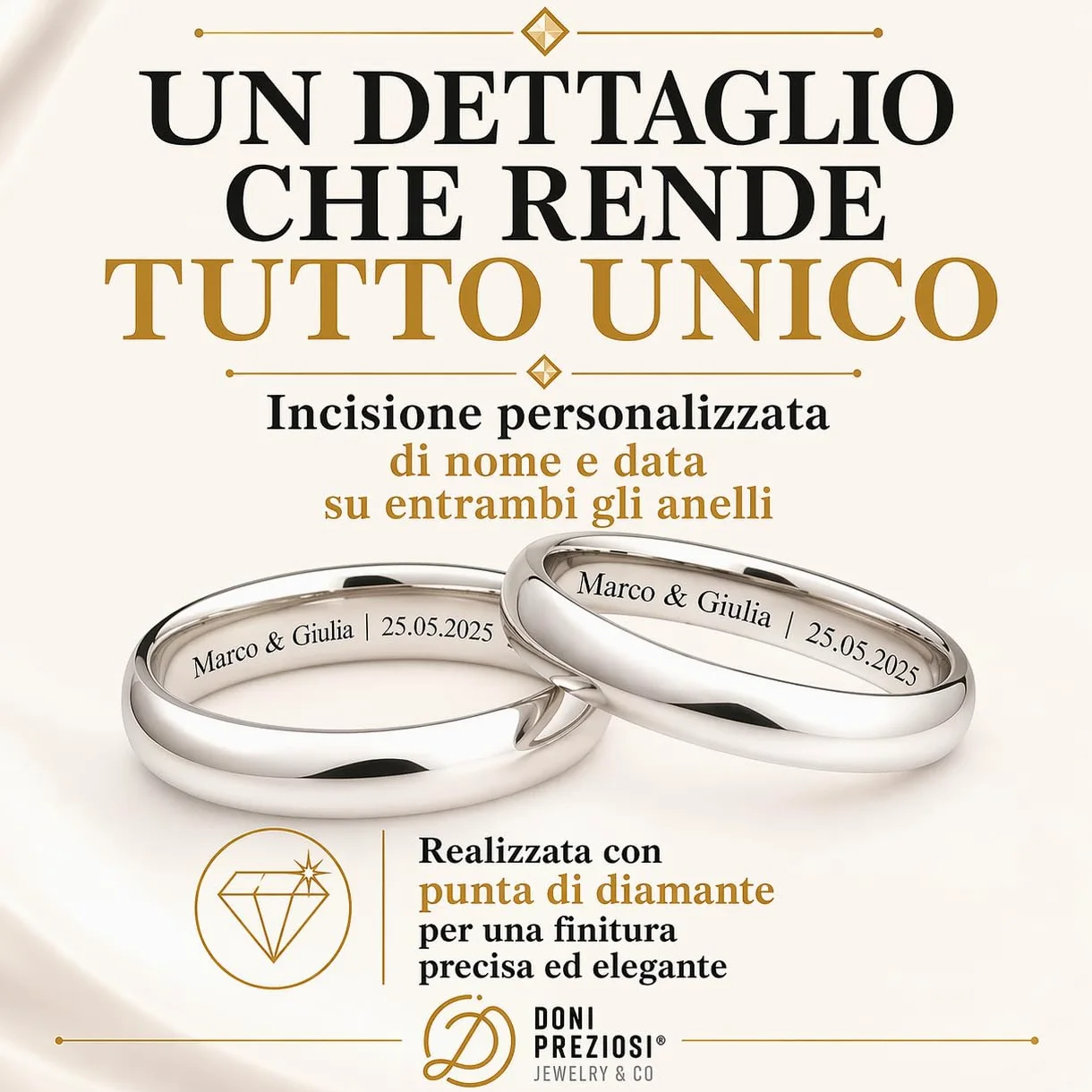 Coppia Fedine Personalizzabili in Argento 925 con Incisione Nome e Data - 2 Anelli Fidanzamento Lui e Lei - Fedina Personalizzata Uomo Donna - Regalo San Valentino, Anniversario - Placcato Oro