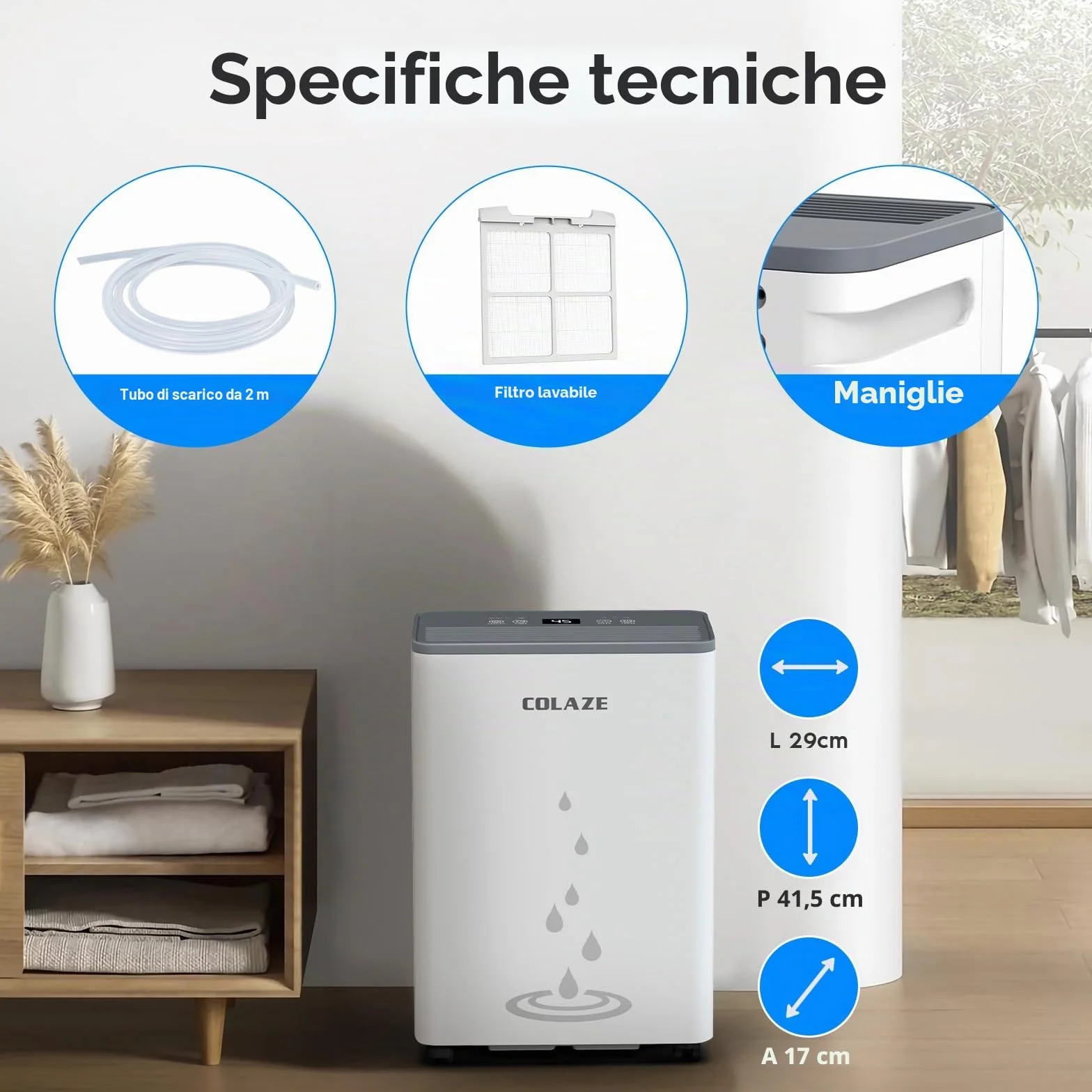 COLAZE Deumidificatore Casa Muffa 20L/24h, Adatto fino a 50㎡, Deumidificatore a Compressore Portatile Silenzioso, Timer 24 ore, Ideale per umidità e condensa