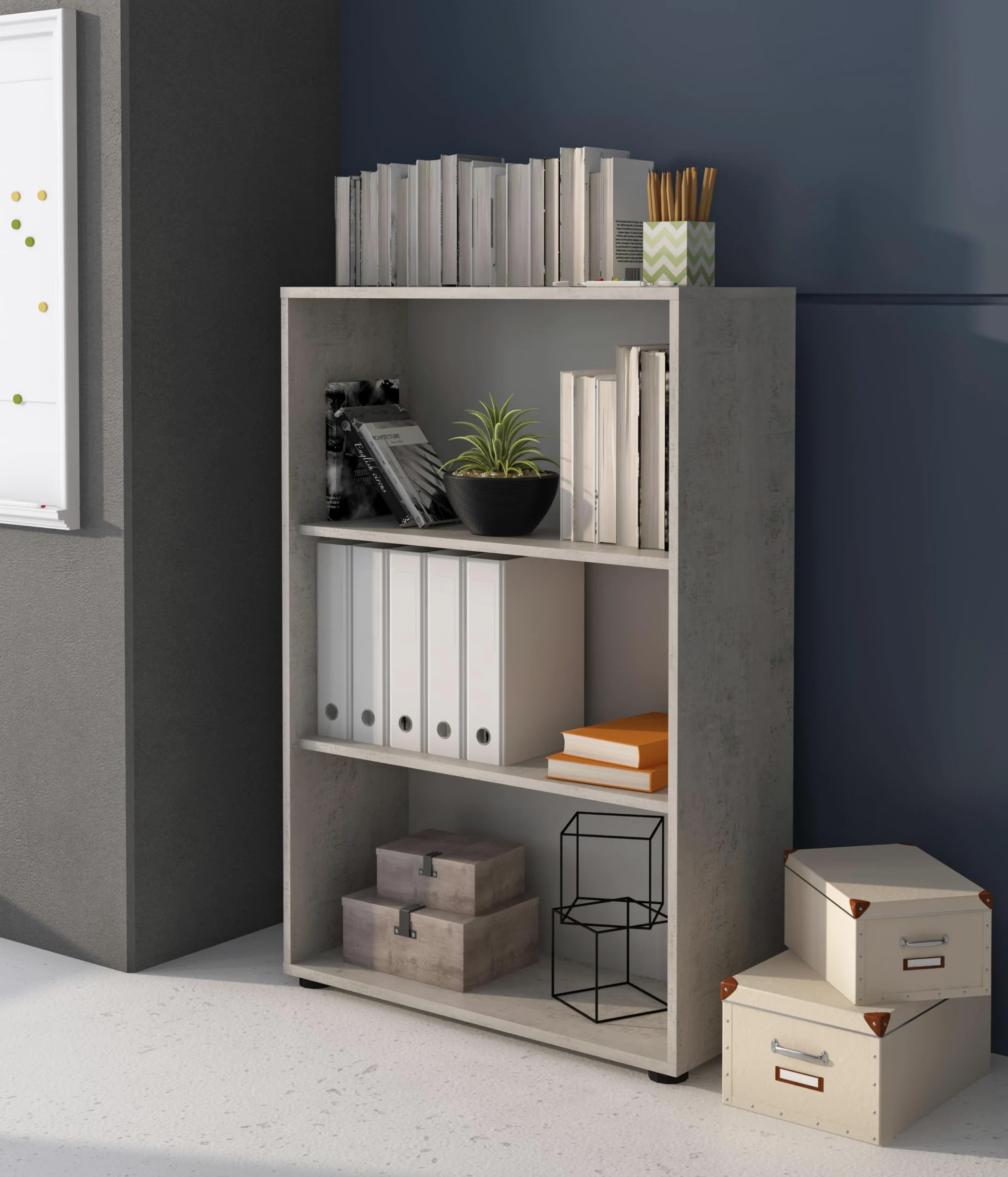 Arreditaly Set Ufficio Completo Con 2 Scrivanie 1 Modulo Ad Angolo 1 Cassettiera Con Ruote 2 Armadi Alto e Basso 2 Librerie Alta E Bassa Finitura Bianco Frassinato E Grigio Cemento