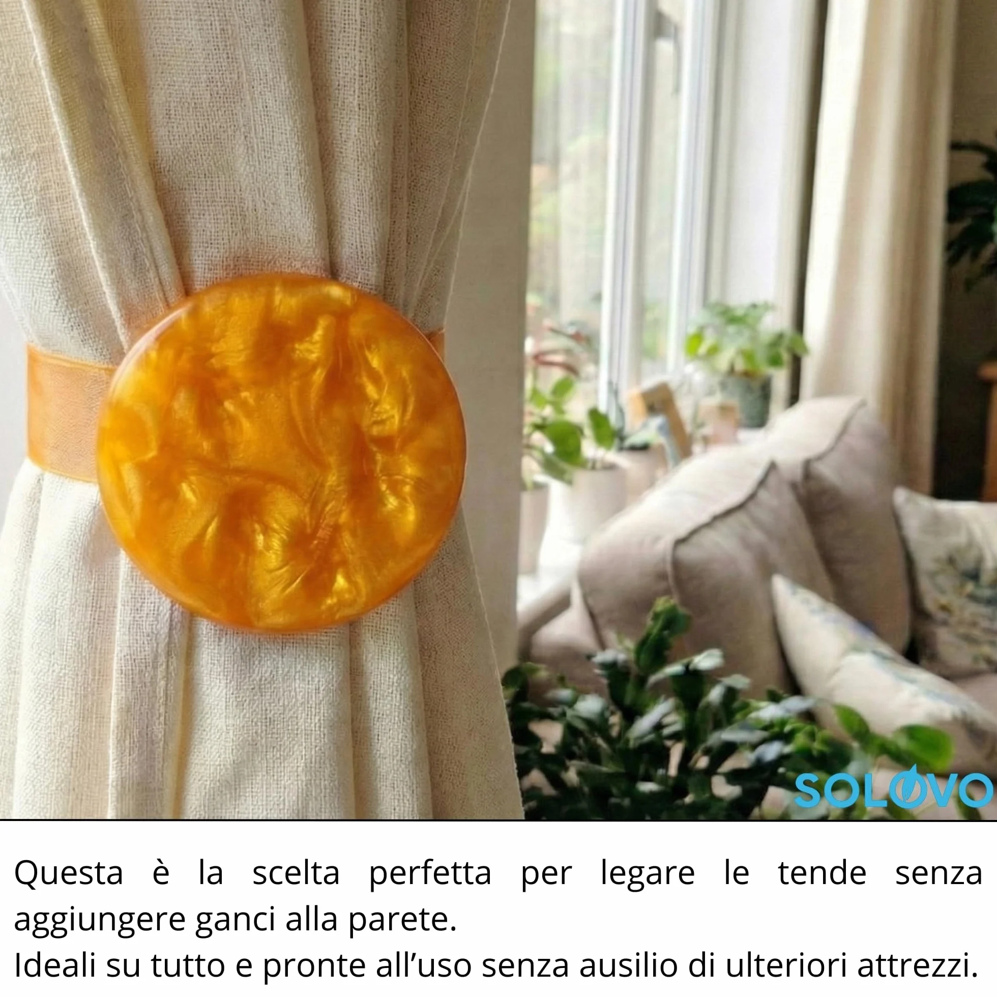 SOLOVO 2 Pezzi Fermatenda Magnetici per Tende, Clip Tenda Effetto Madreperla con Nastro in Organza, Accessori Tende Senza Fori, Arancio