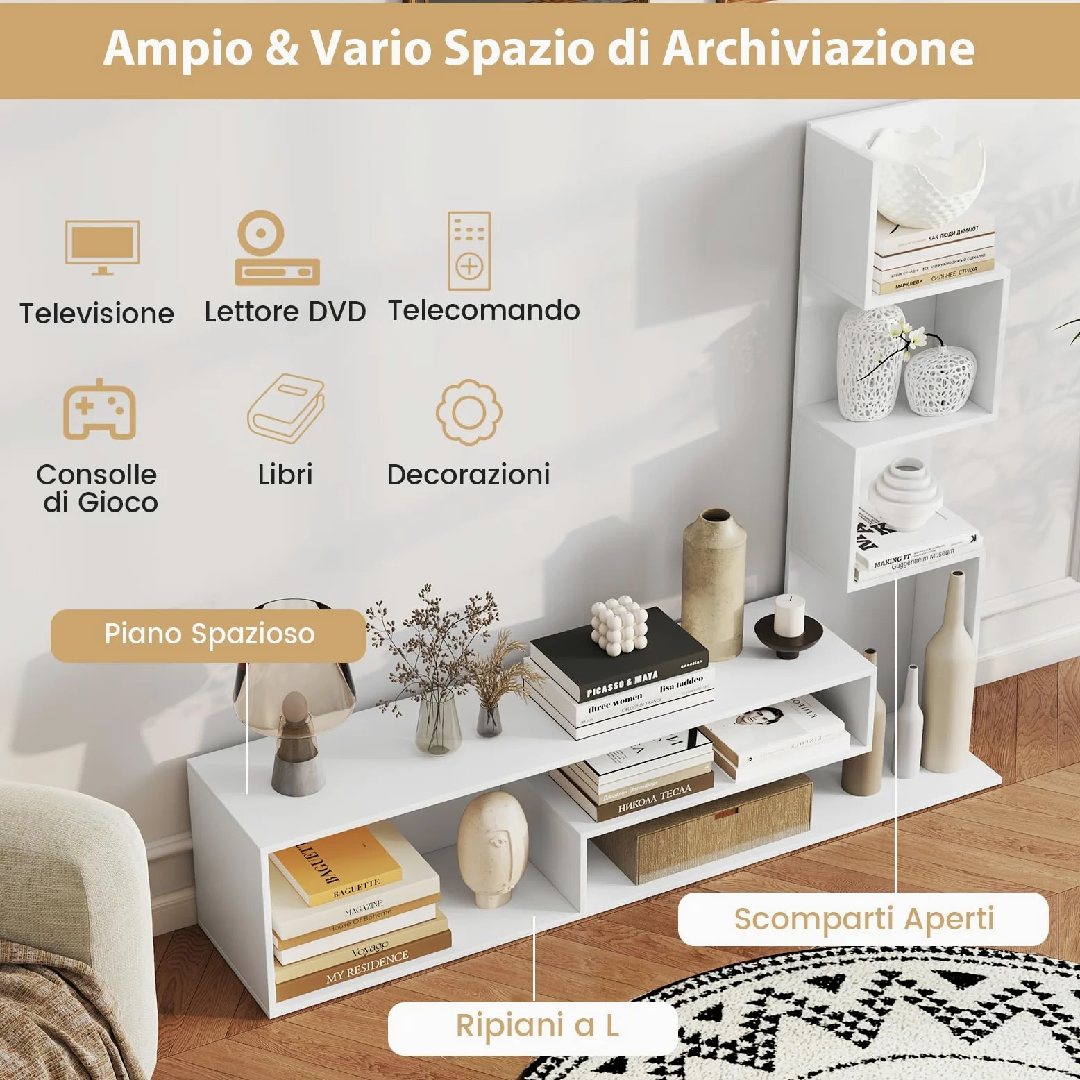 COSTWAY Mobile per TV a Cubi per TV Fino a 50”, Tavolo Console Media con Mensole di Stoccaggio a Forma di L e Scomparti Aperti, Centro di Intrattenimento per Soggiorno, Ingresso (Bianco)