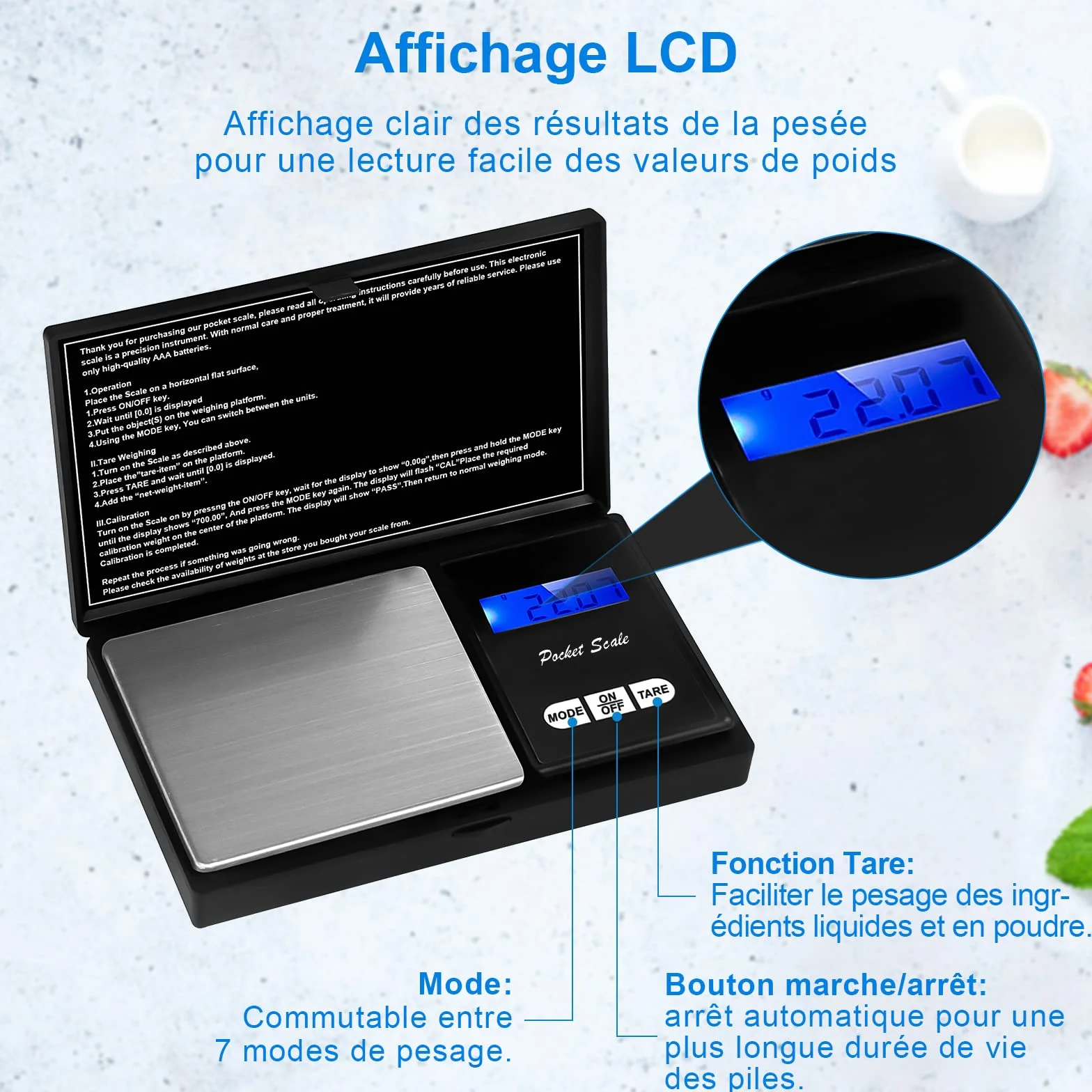 QEIHITYO Bilancia di precisione, 500 g/0,01 g, con display LCD e funzione per caffè erbe, gioielli pietre preziose, 7 unità (2 batterie incluse)