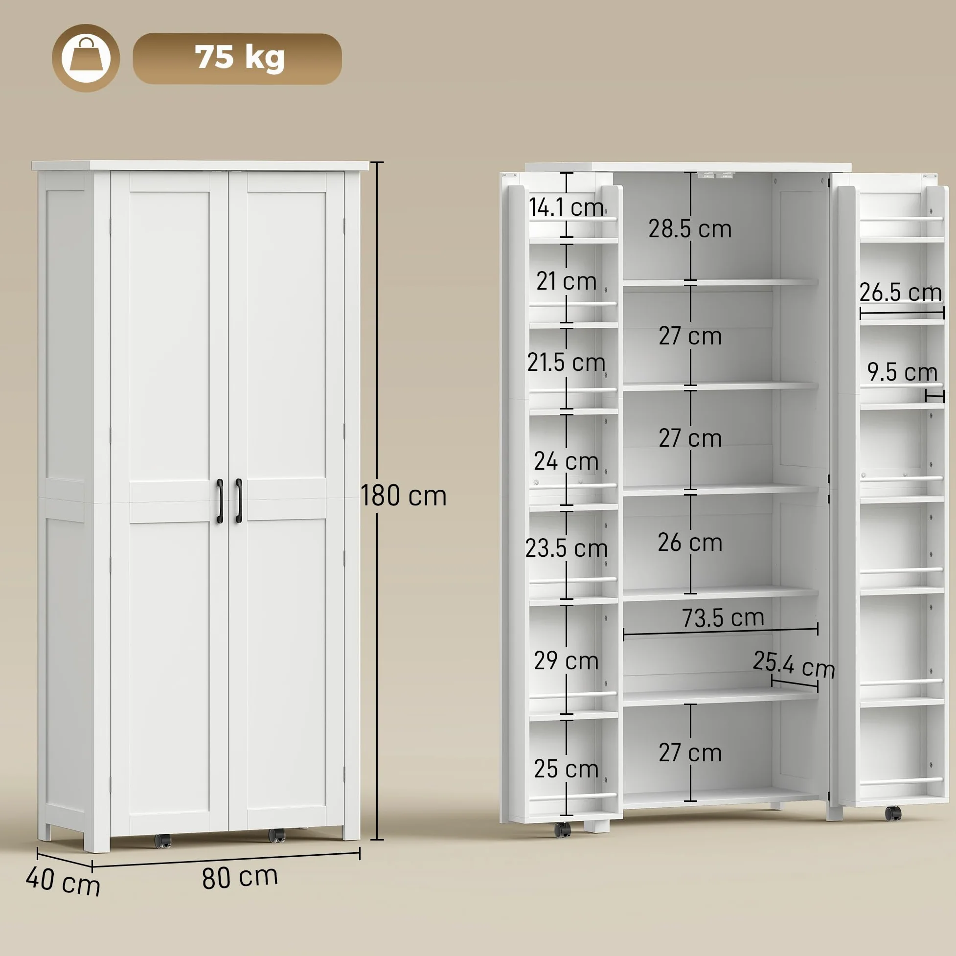 HOMCOM Credenza Cucina Alta 180cm, Mobile Dispensa con Ruote, Doppie Ante, 6 Ripiani, 14 Scomparti Portaspezie sulla Porta, Ripiani Regolabili, Mobile Cucina per Sala da Pranzo Soggiorno, Bianco