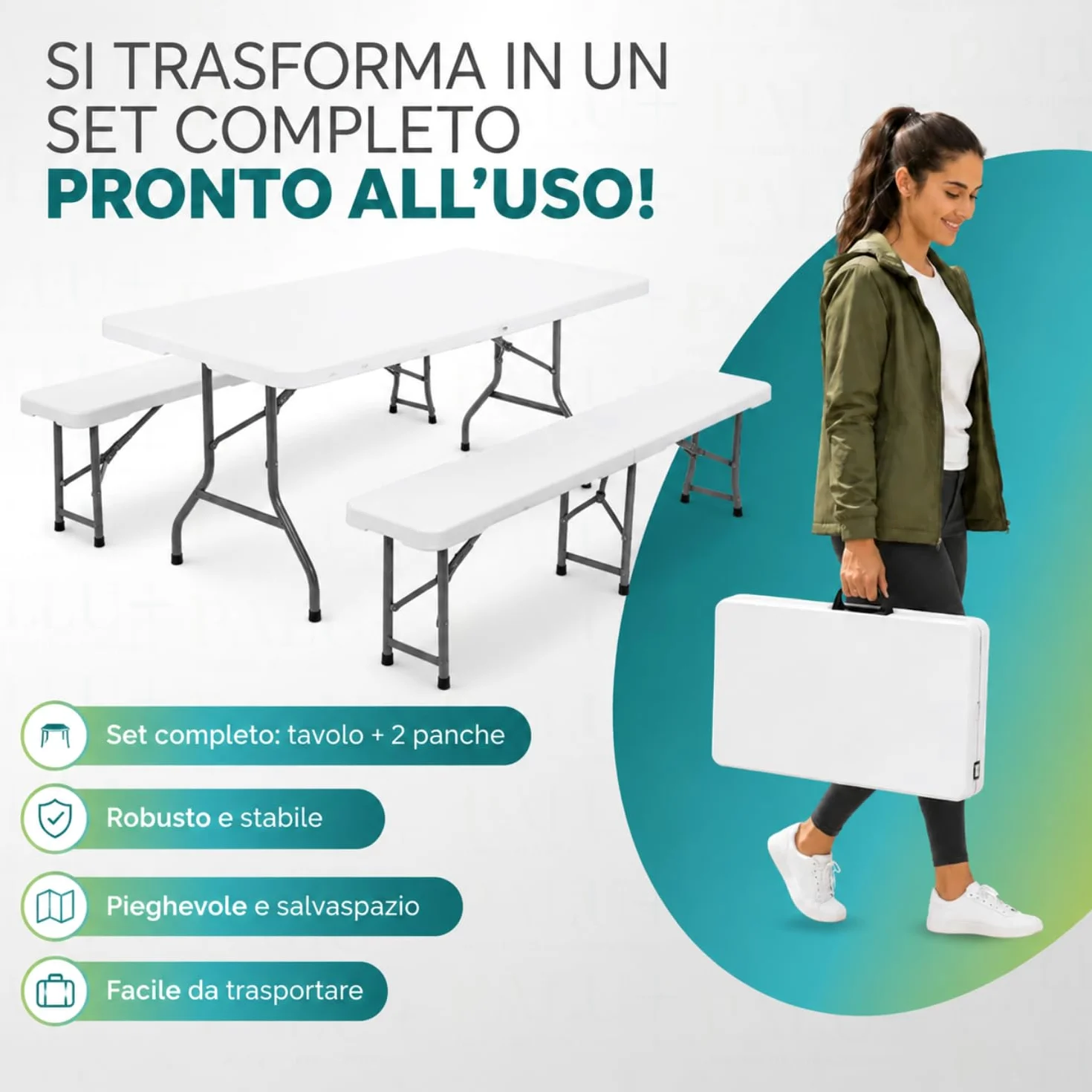 PALUPLUS Set Tavolo Catering con 2 Panche Pieghevoli, Tavolo da 180x71x74 cm e Panca da 180x29x43 cm, Set a Valigetta in Resina con Struttura in Metallo e Maniglia per trasporto -344F/8745F -28