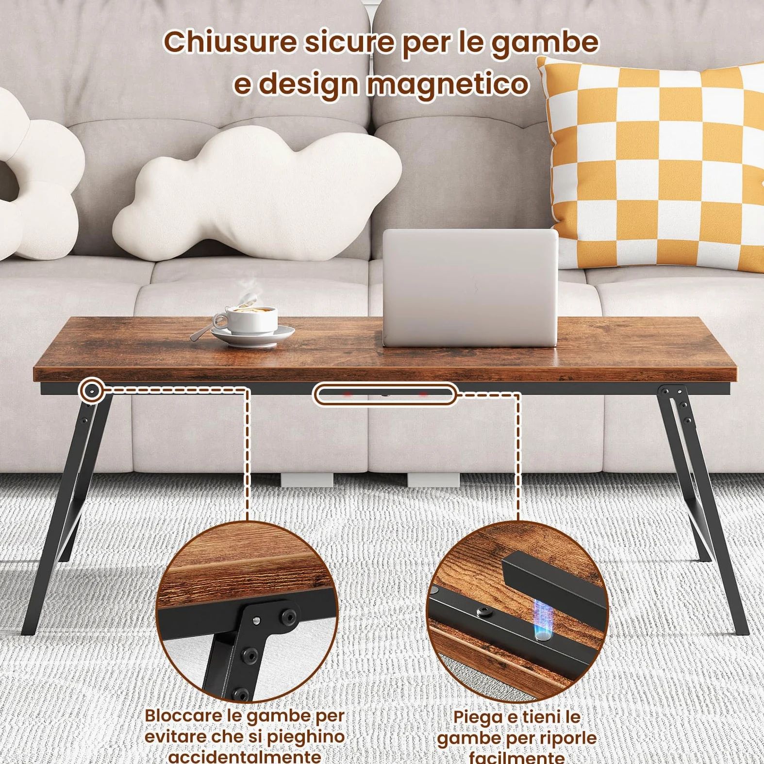 Tavolino Salotto, Tavolino Pieghevole, Design con Fibbia per Gamba del Tavolo, Nessun Montaggio Richiesto, Adatto per Soggiorno,105 x 55 x 40 cm