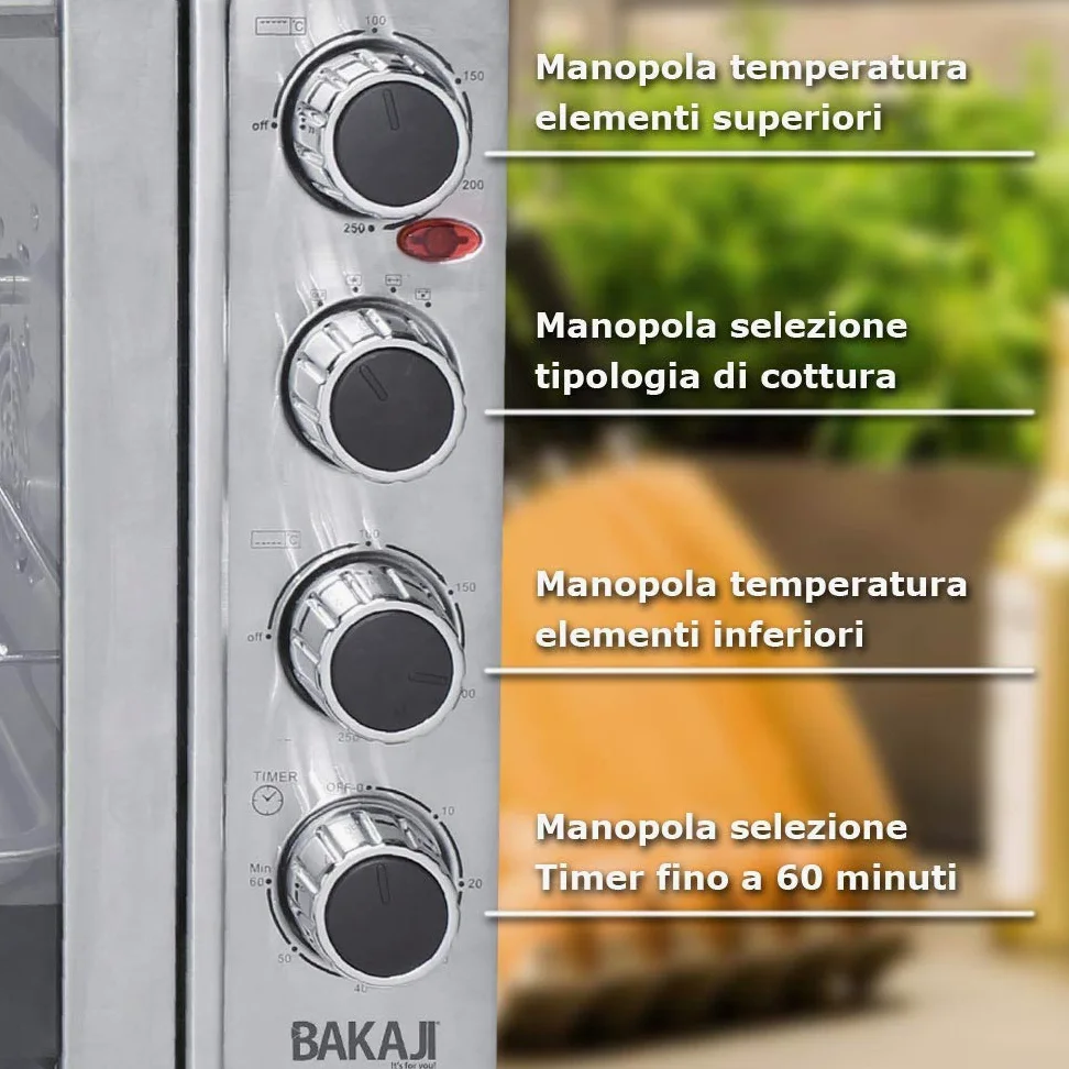 Bakaji Forno Fornetto Elettrico Ventilato 55 Lt Potenza 2200W con Doppia Porta Luce Interna 4 Selezioni di Cottura Temperatura Regolabile Timer Girarrosto e Accessori