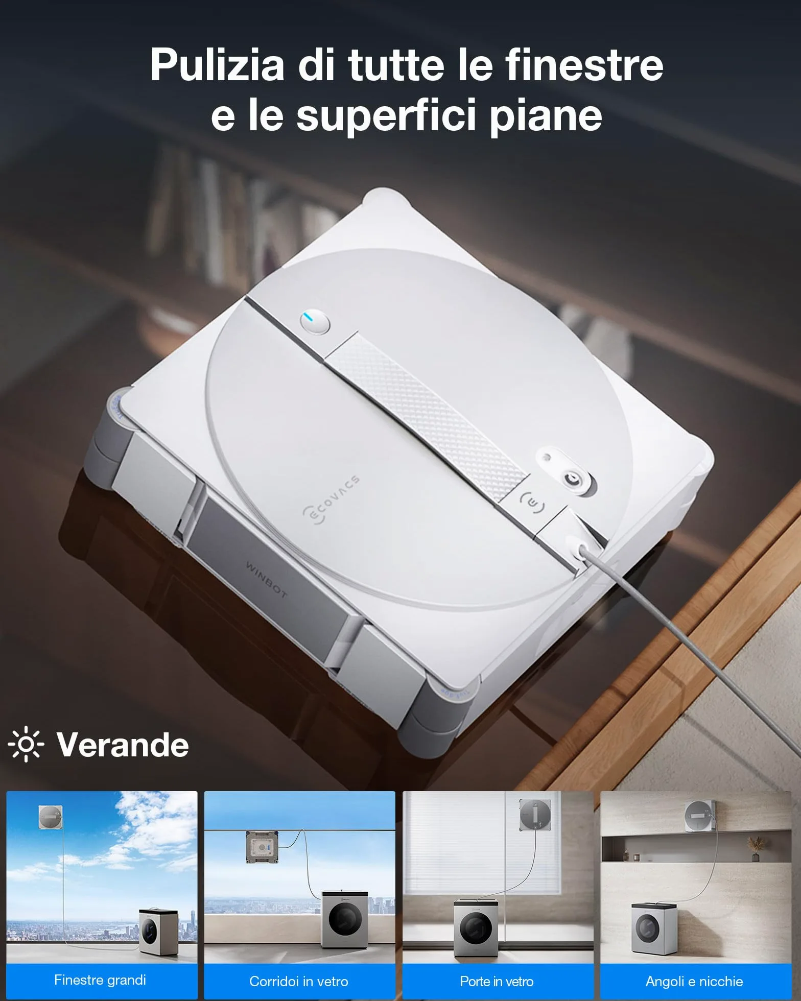 ECOVACS WINBOT W3 OMNI Robot Lavavetri con Stazione Multifunzione, Lavaggio Automatico del Panno, Pulizia Intelligente fino al Bordo, Nebulizzazione a Triplo Ugello, Controllo tramite App
