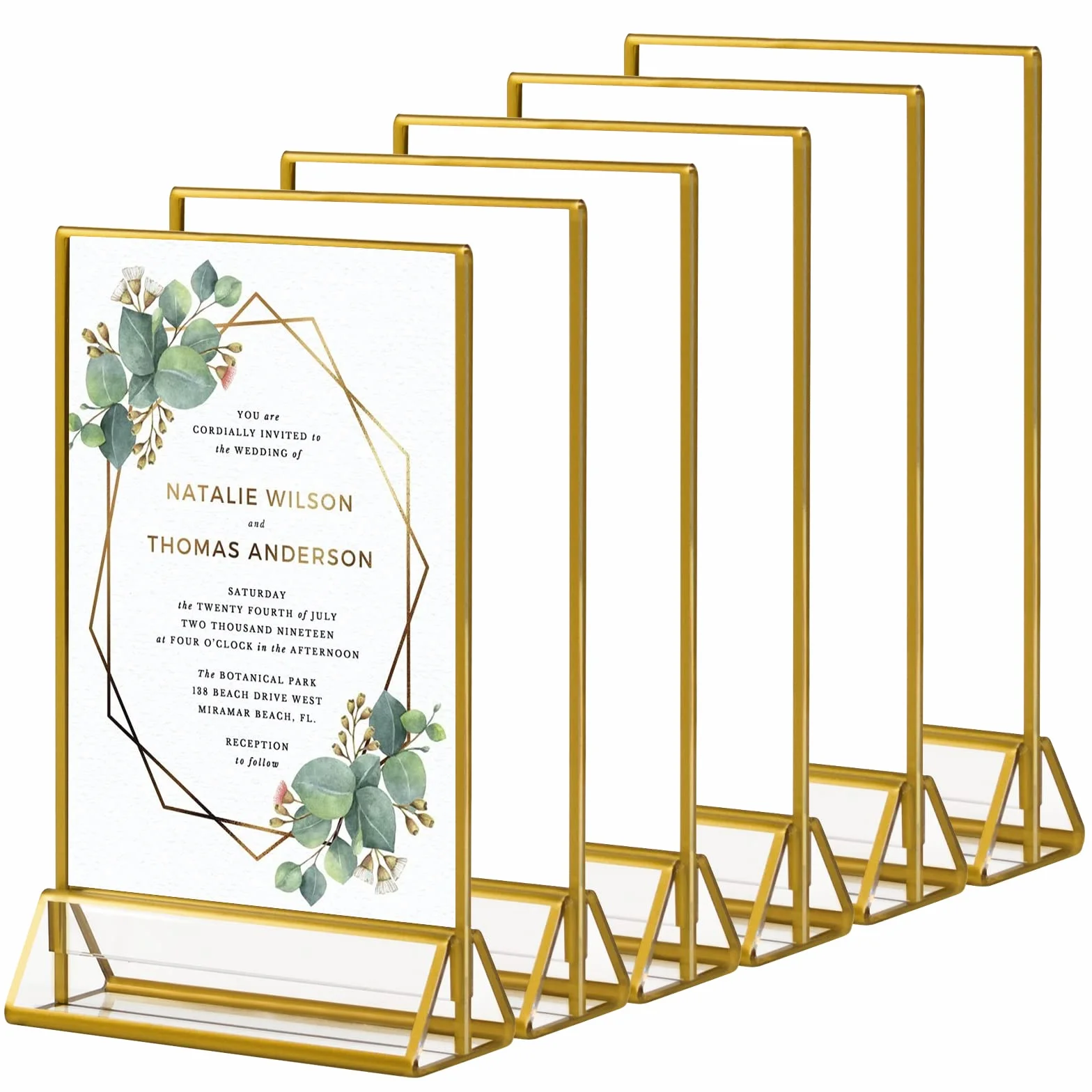 Dezzer Supporto per cartelli in acrilico con bordi dorati, 6 pezzi verticali per menu da tavolo (12,7 x 17,8 cm)