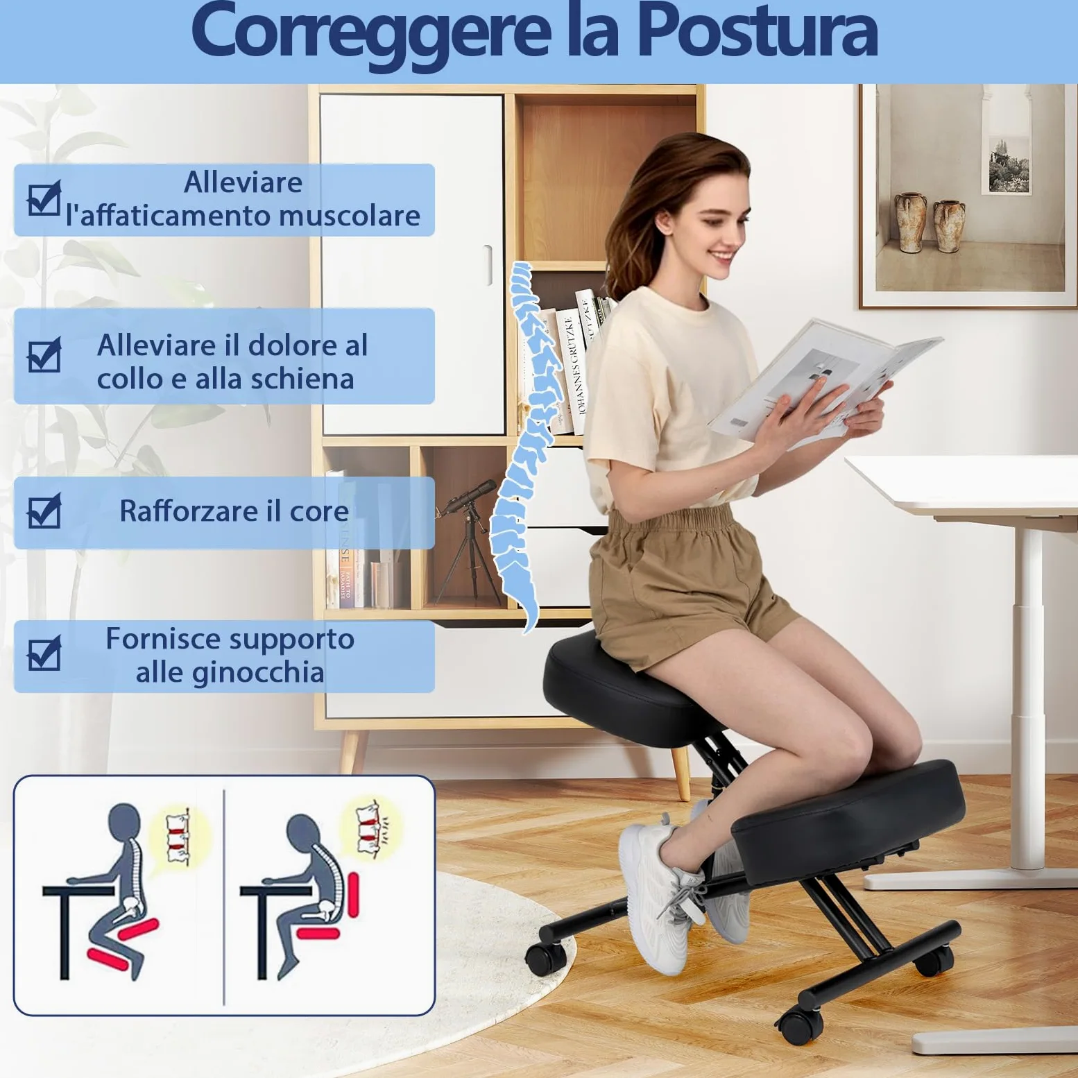 RELAX4LIFE Sedia a Ginocchio, Sedia Ergonomica a Ginocchio Regolabile in Altezza, Sgabello Imbottito da Ufficio con Ruote Universali Bloccabili, Ufficio, Home Office (72 x 46 x 68 cm)
