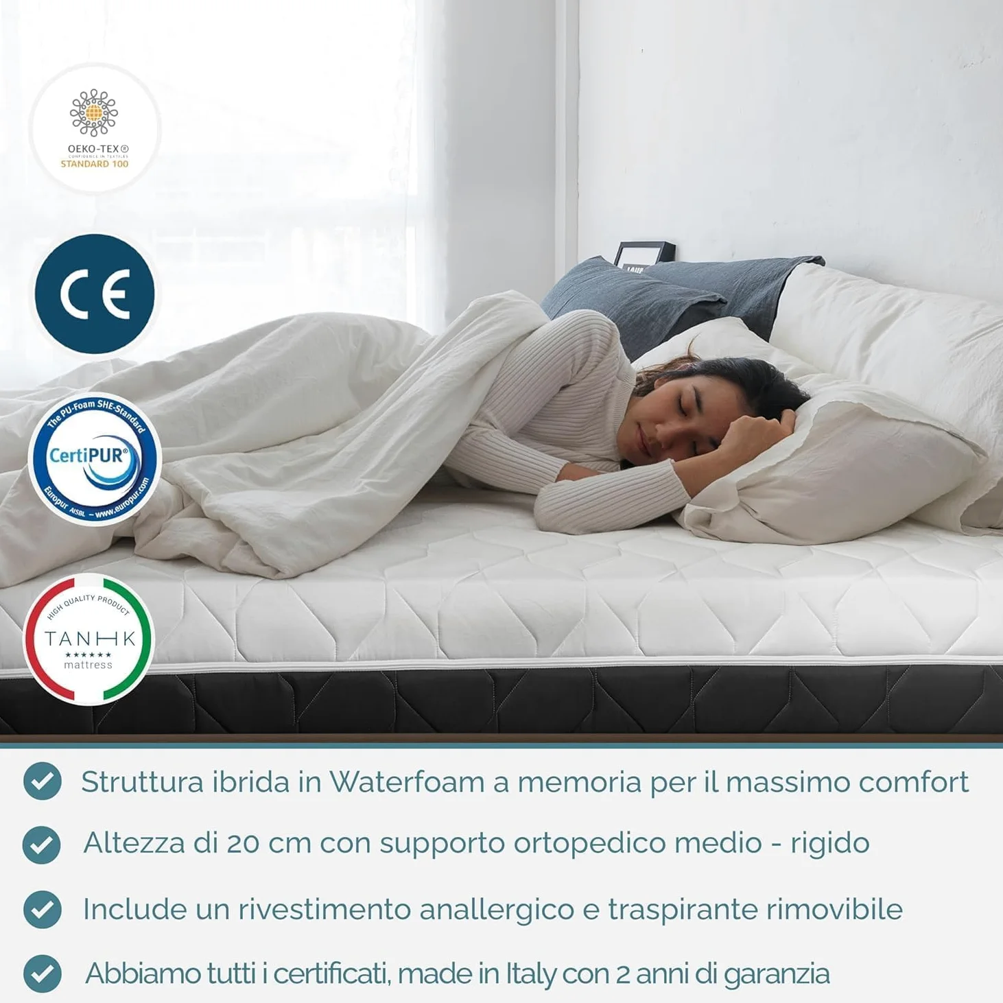 TANHK Materasso Matrimoniale 140x200 cm, Altezza 20 cm | 100% Waterfoam | Made in Italy | Fodera Sfoderabile e Lavabile | Ortopedico ed Ergonomico | Alta Traspirabilità | Anallergico e Antiacaro