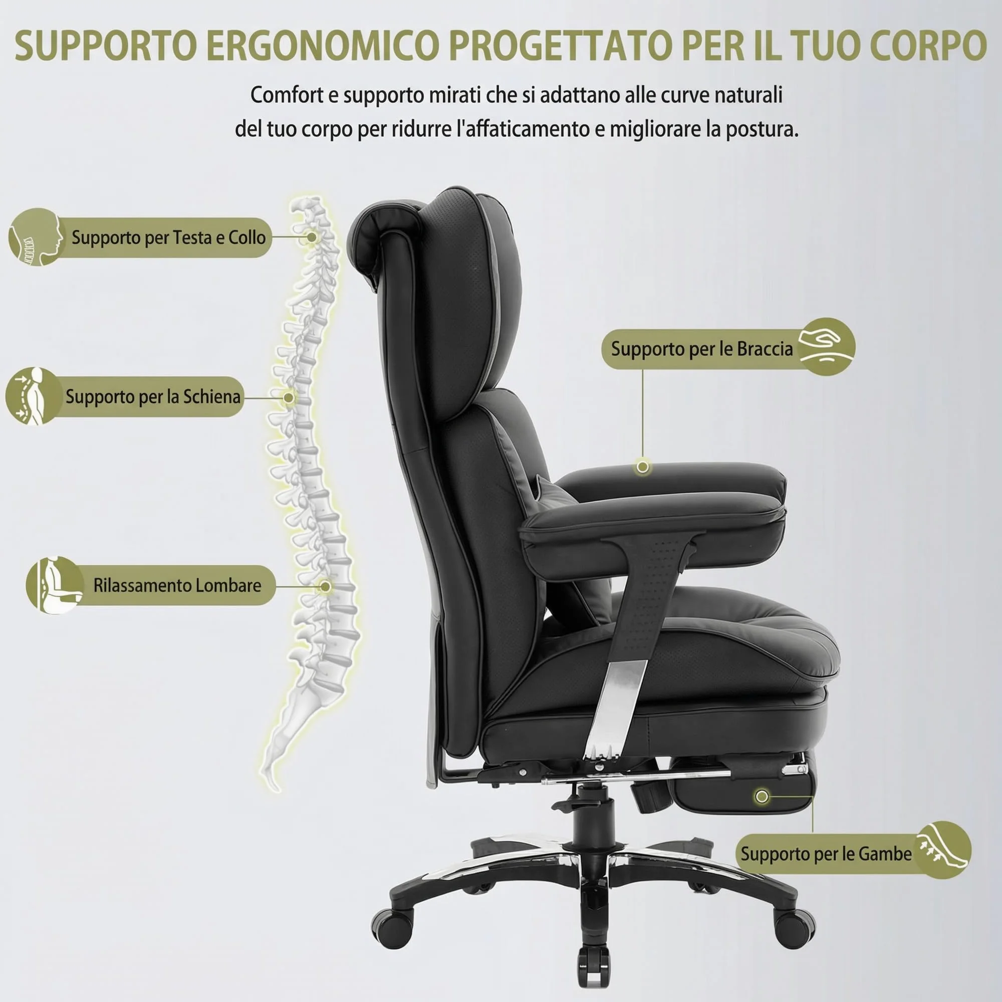 Efomao Sedia ufficio in pelle PU con ricamo X, grande e alta, schienale alto regolabile, sedia da gioco computer, girevole executive 200 kg, poggiapiedi e supporto lombare