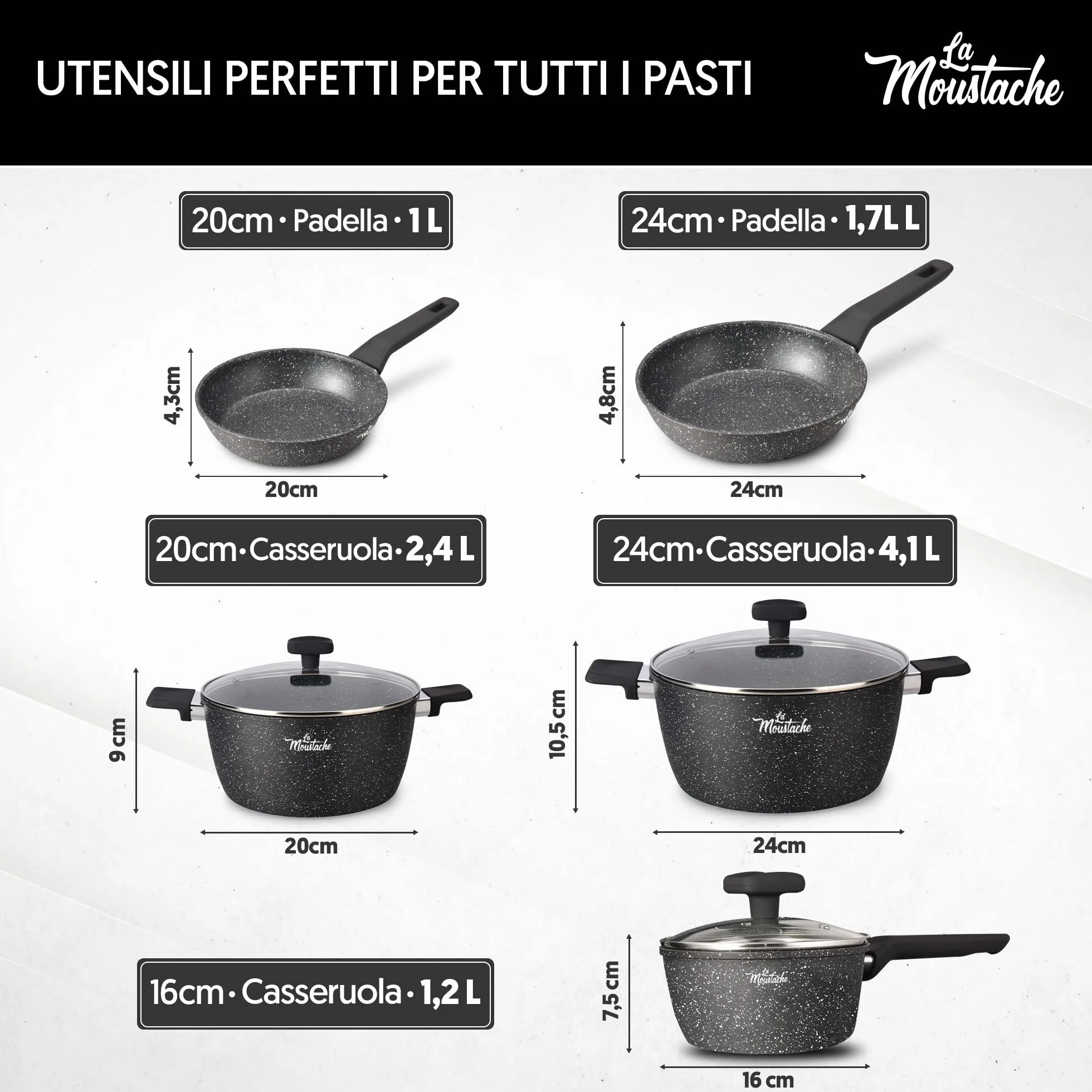 La Moustache Batteria di Pentole 8 Pezzi a Induzione in Alluminio Antiaderente Set Casseruole Coperchi Padelle Manici Bakelite Onix