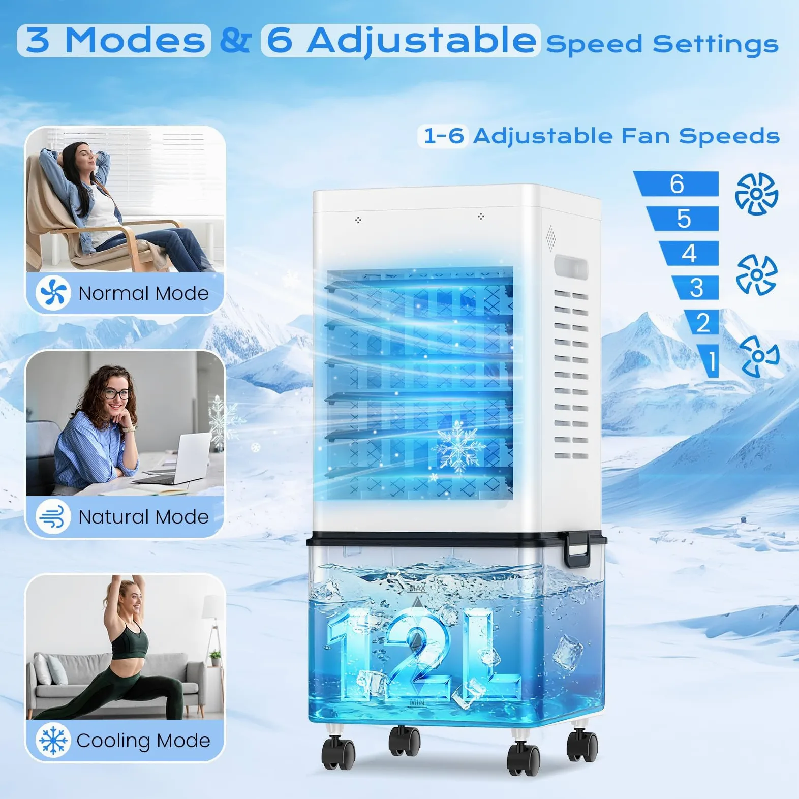 Condizionatore Portatile 12L Serbatoio Estraibile, Raffreddatore d’Aria senza Tubo 45W, 3 Modalità 6 Velocità, 4 in 1 Climatizzatore Evaporativo Silenzioso Timer 1-12 H, Telecomando per Casa e Ufficio