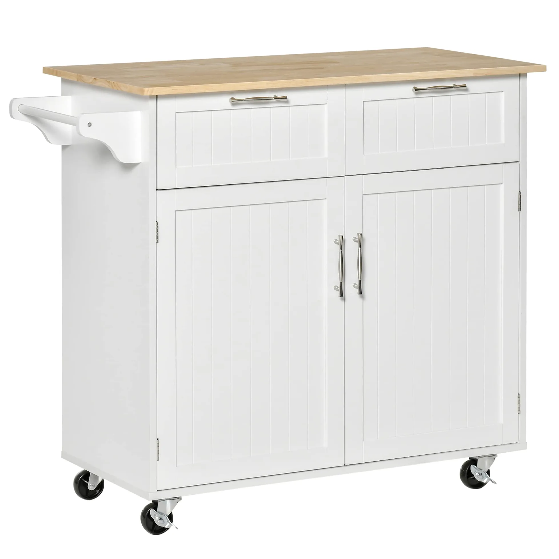 HOMCOM Isola Cucina con Piano di Lavoro in Legno di Caucciù, Carrello Cucina con Ruote, 2 Cassetti, Armadietto, Ripiani Regolabili e Porta Asciughini, in Legno MDF, 104x46x91cm, Bianco