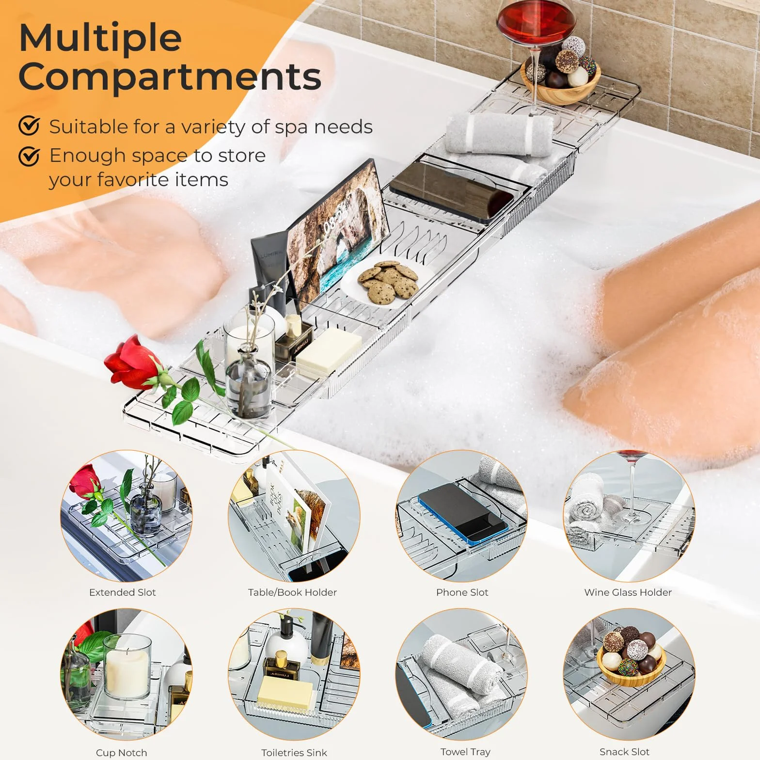 Vassoio per Vasca da Bagno Allungabile in Plastica Trasparente 80-120cm - Mensola con Porta Libro, iPad, Candela - Accessori Relax
