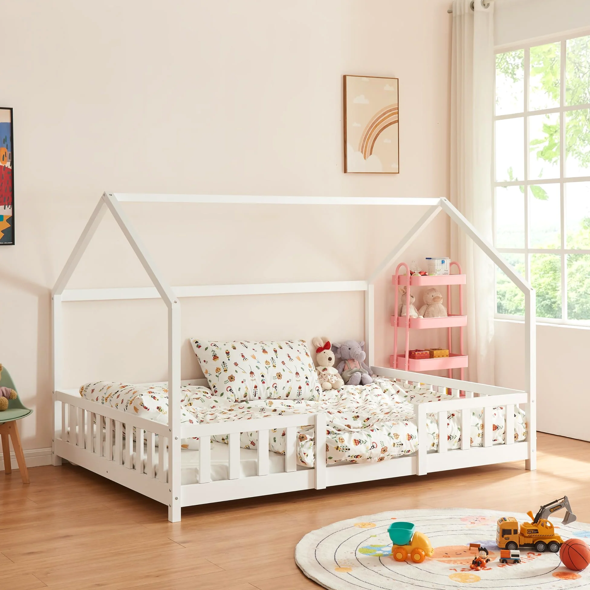 [en.casa] Letto Casetta per Cameretta Letto Piazza e Mezza per Bambini con Barriere di Protezione Struttura in Legno di Pino con Zona di Riposo 120x200 cm Bianco
