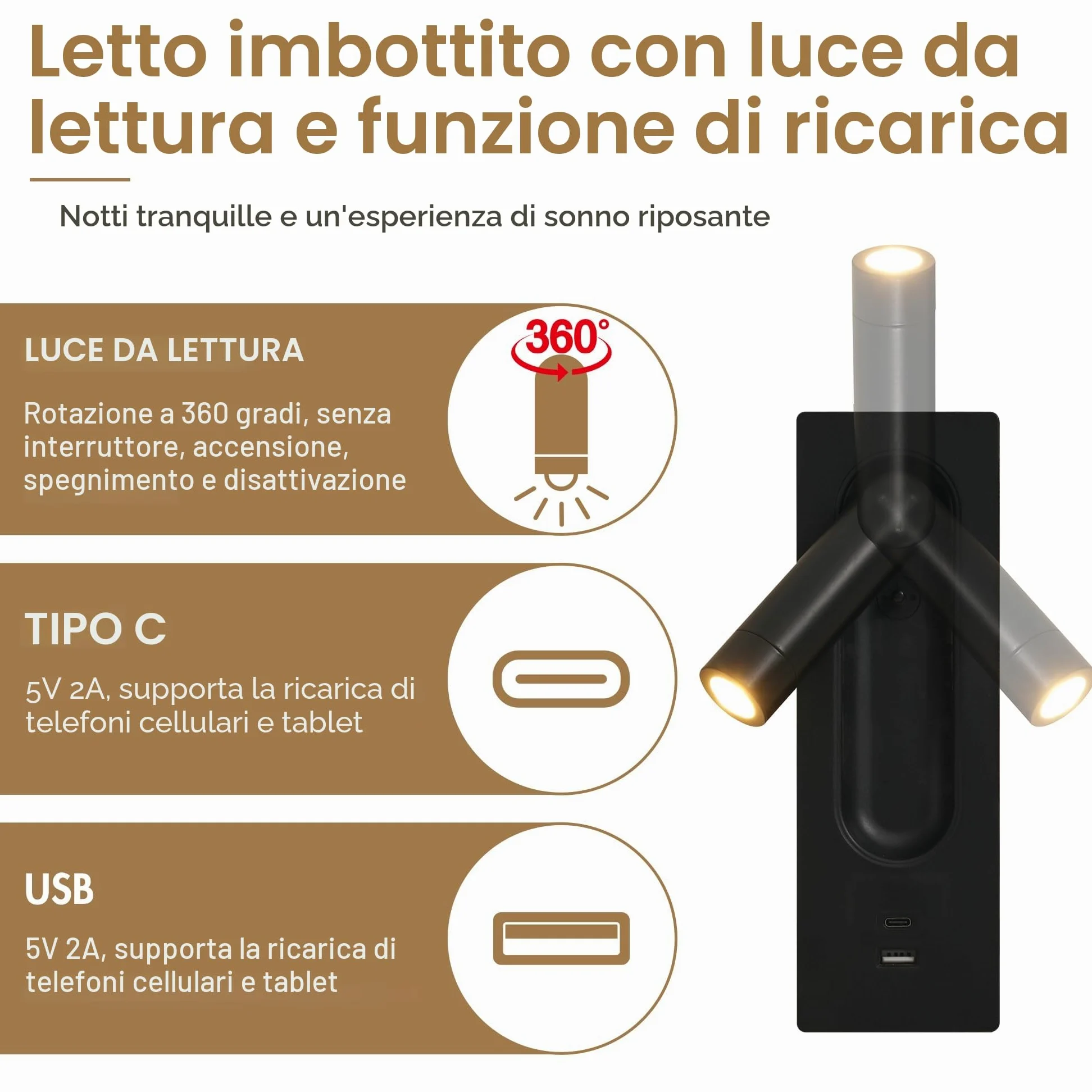 Set Completo per Letto Matrimoniale - Letto Imbottito 180 x 200 cm, Comodini e Cassetti, Lampada da Lettura USB