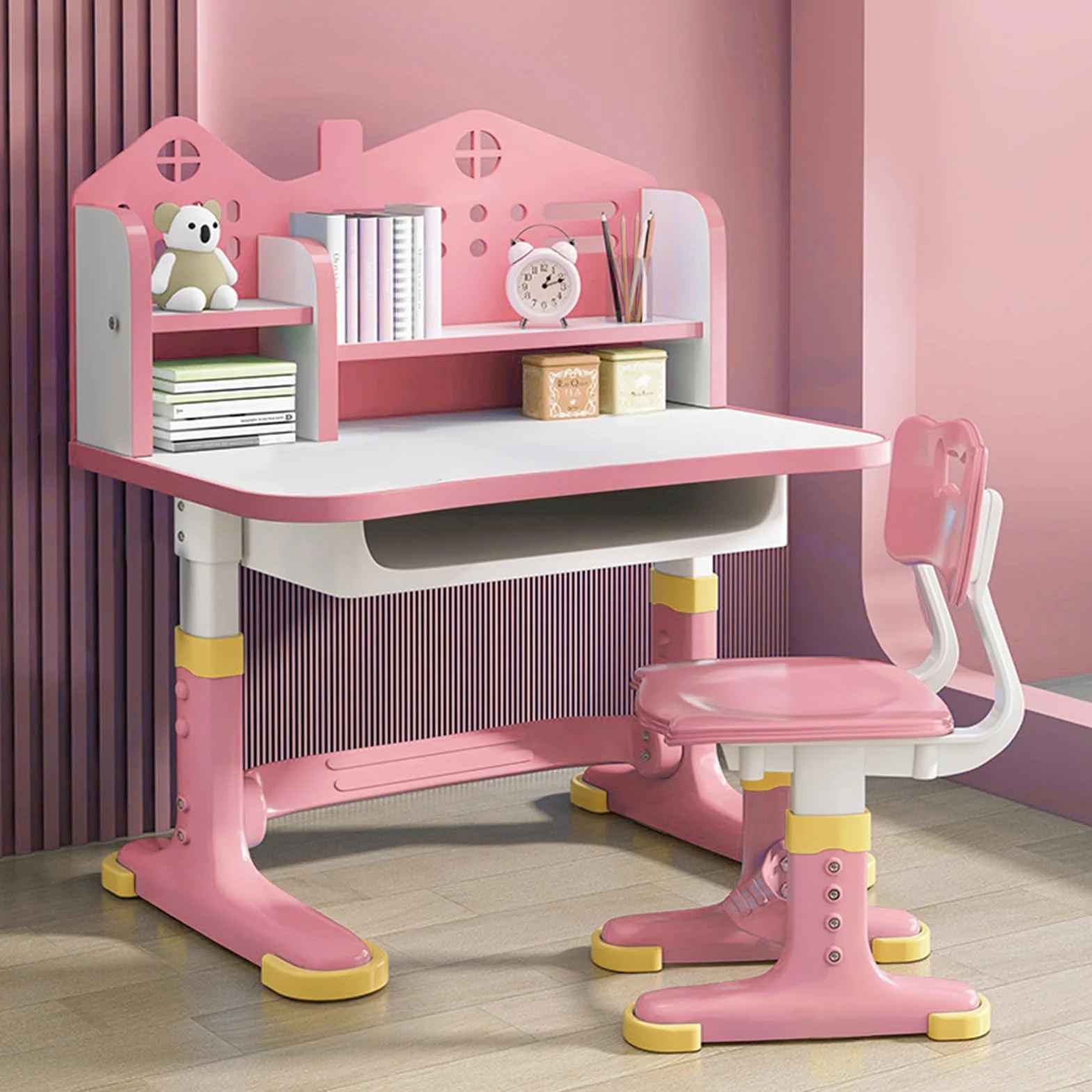 Scrivania Bambini Regolabile in Altezza con Sedia Abbinata, Set Studio per Bambini con Cassetto Integrato, Tavolo Ergonomico per Cameretta, Compiti e Studio Quotidiano